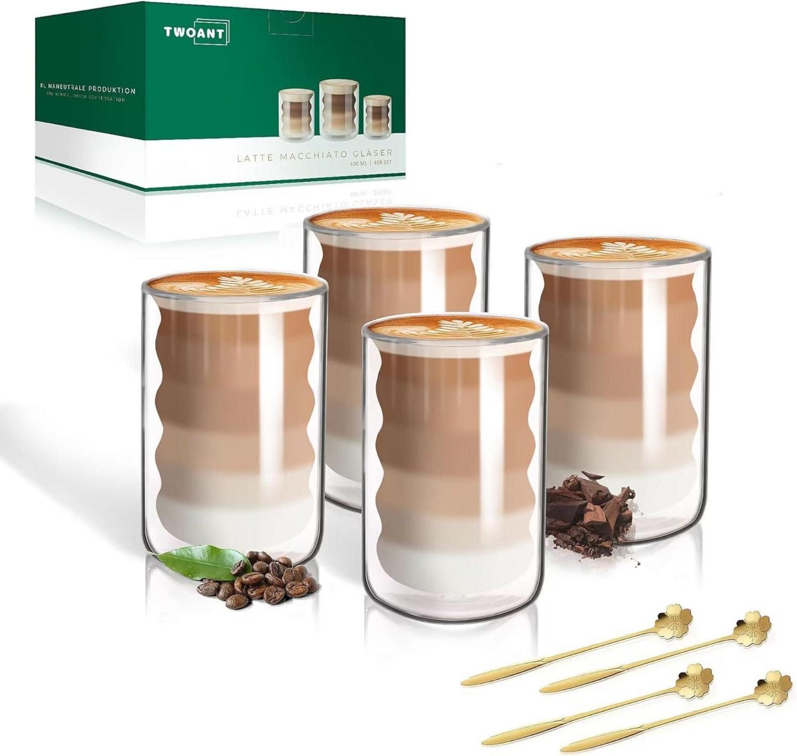 Latte-Macchiato-Glas Latte Macchiato Gläser Doppelwandig 400ml 4er Pack + Löffel