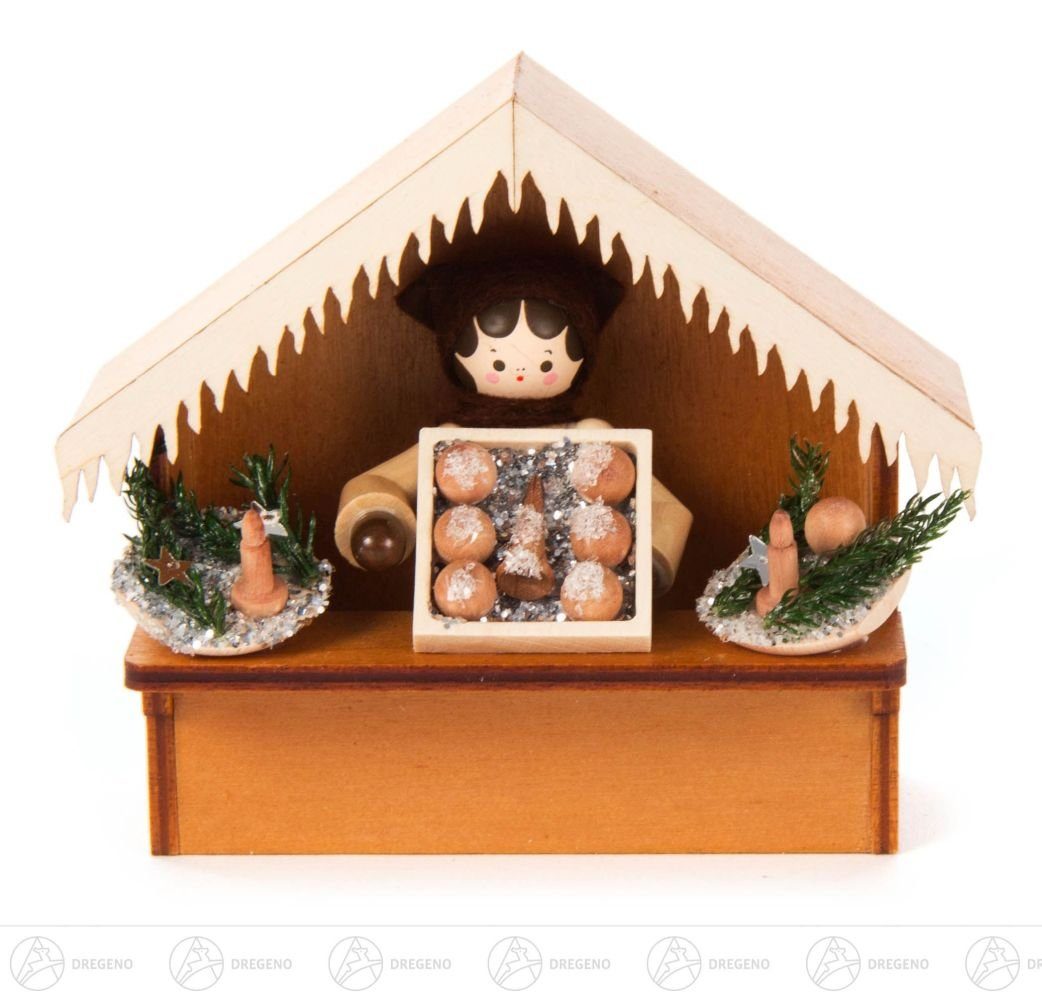 Dregeno Erzgebirge Weihnachtsfigur Weihnachtliche Miniatur Weihnachtsmarktbude Christbaumschmuck Höhe c, Verkaufsstand mit Ware