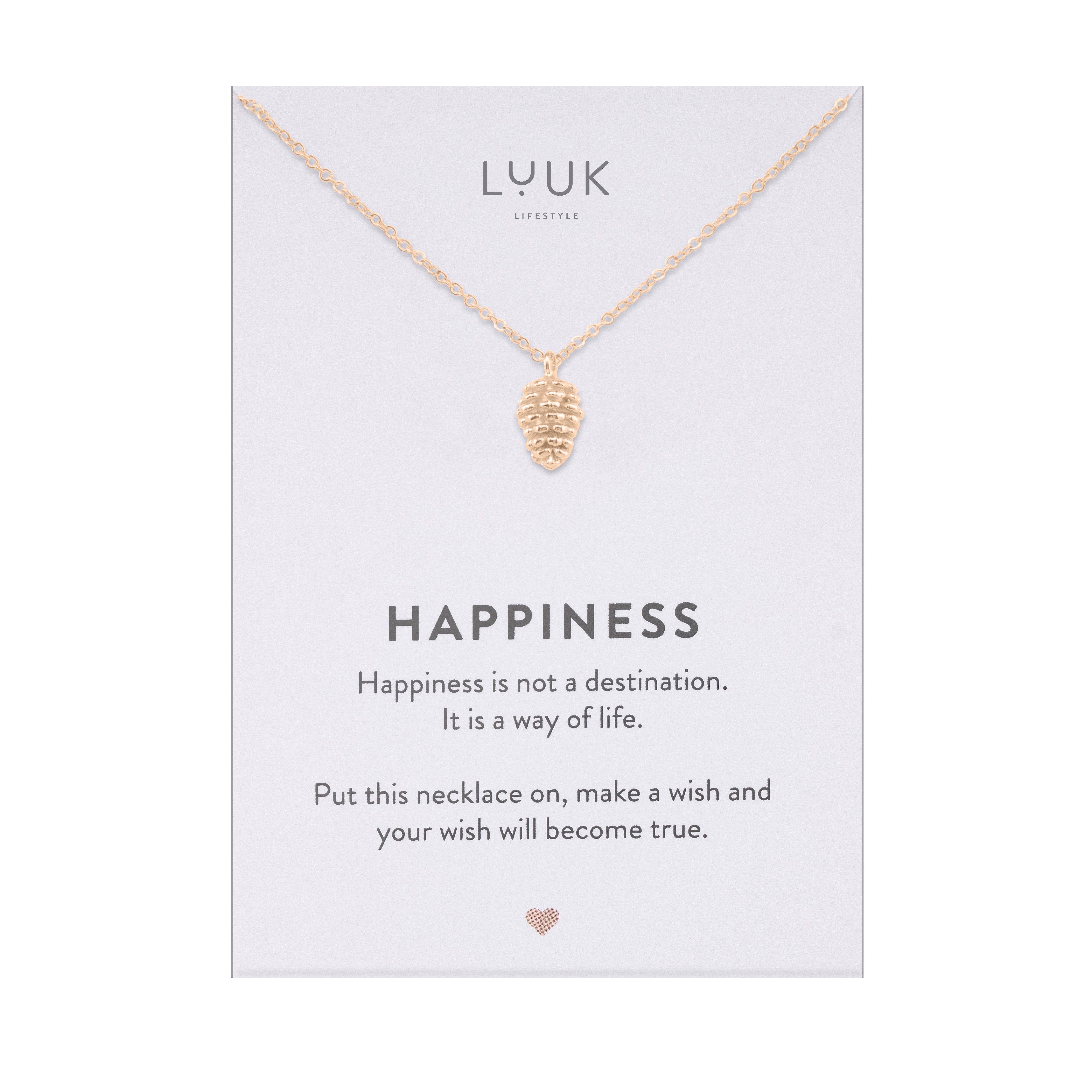 LUUK LIFESTYLE Kette mit Anhänger Tannenzapfen, mit HAPPINESS Spruchkarte, zeitlos und minimalistisch