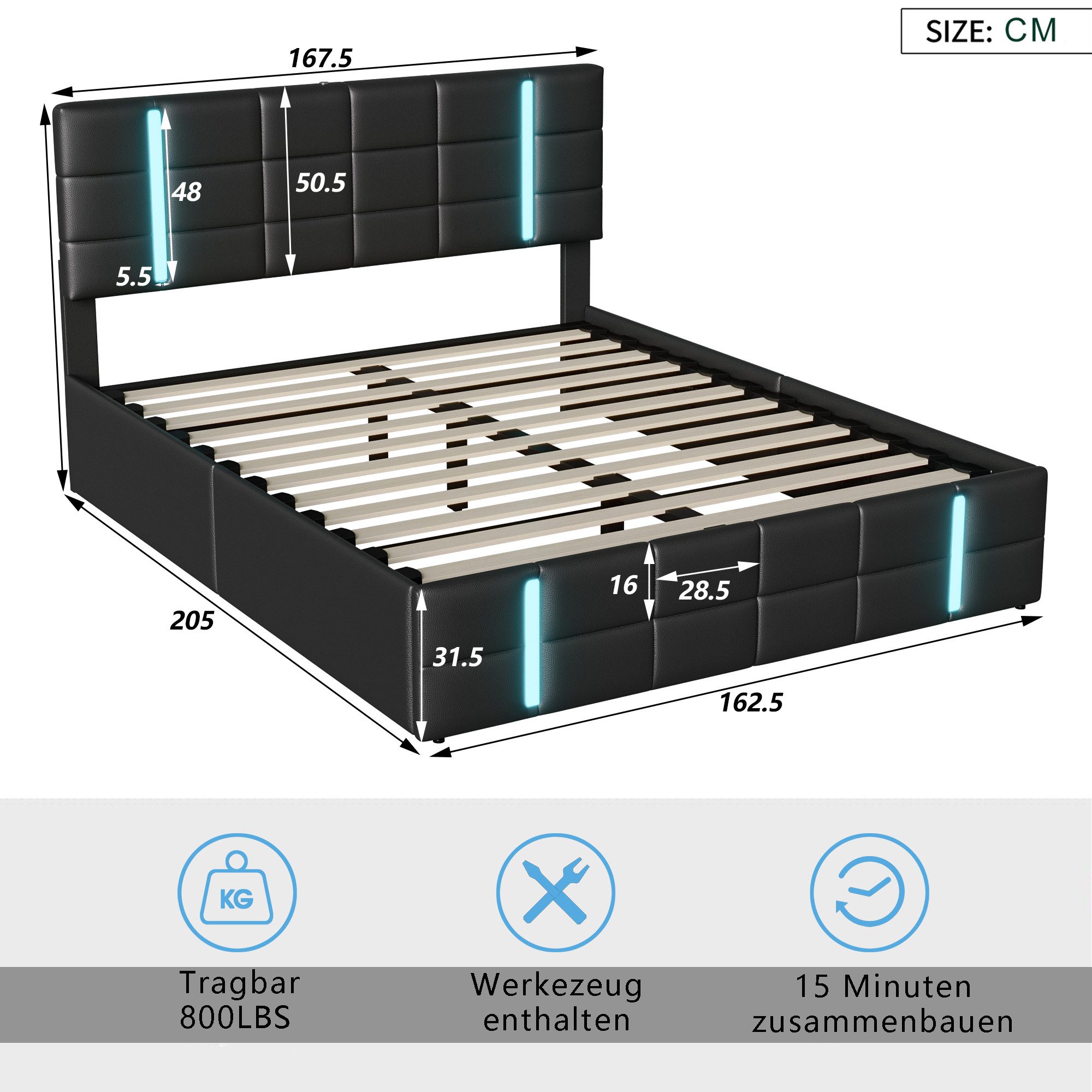 FUROKOY Stauraumbett Polsterbett Doppelbett mit LED-Beleuchtung Kopfteil (B günstig online kaufen
