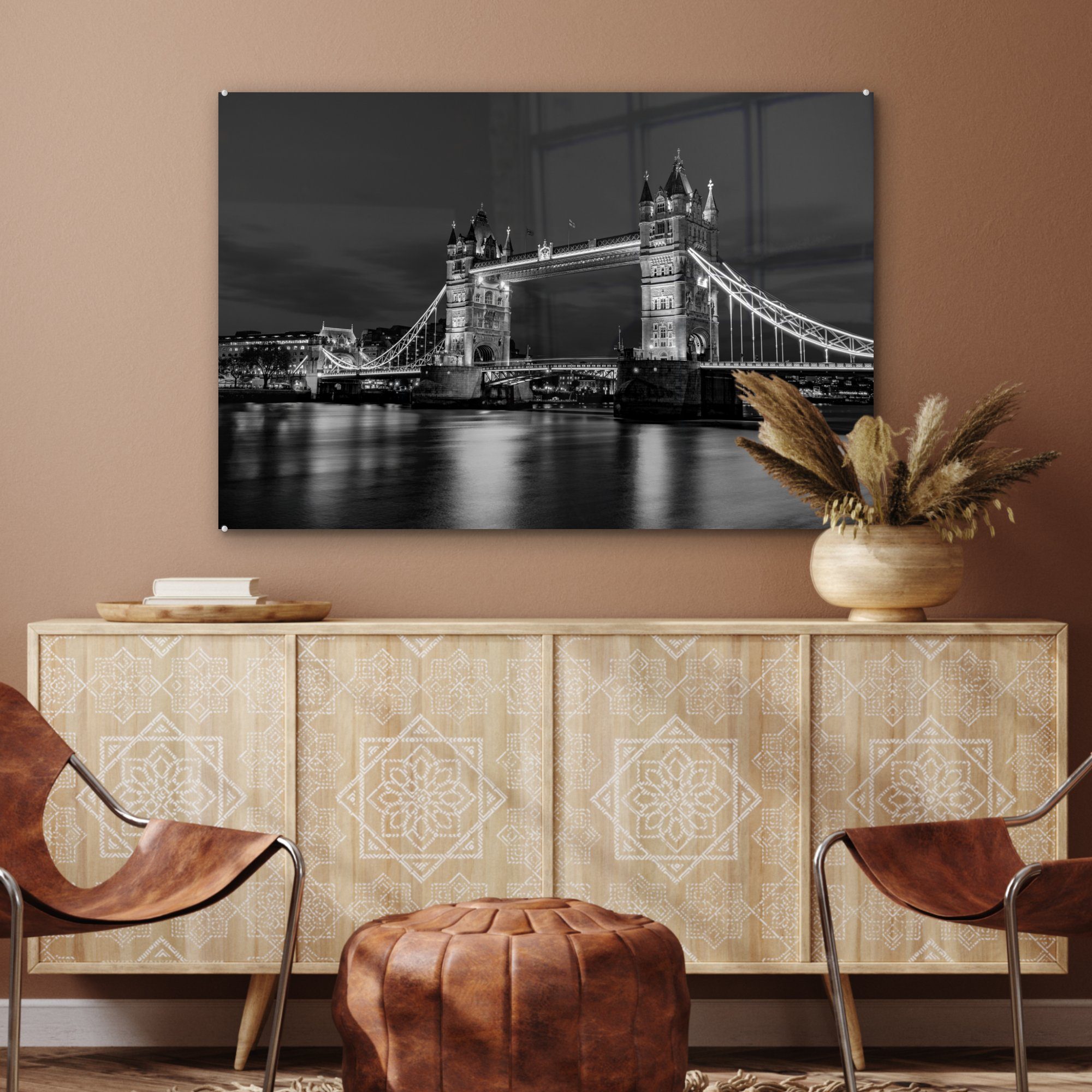 schwarz MuchoWow Schlafzimmer Bridge und England - in Tower Abend weiß, Wohnzimmer am (1 St), Acrylglasbild & Acrylglasbilder beleuchtet
