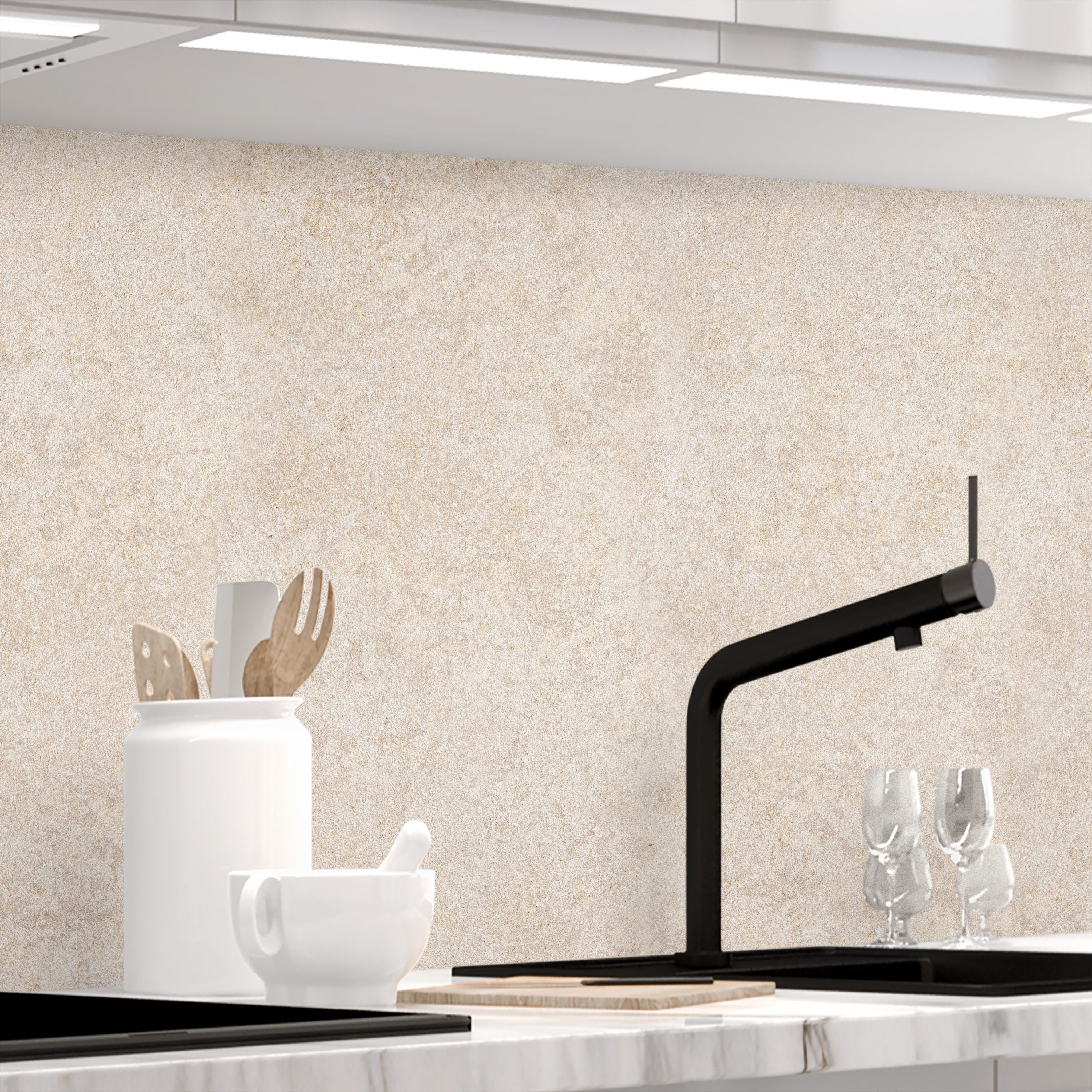 Stickerprofis Küchenrückwand SANDSTEIN TRAVERTIN (Matt-Finish), (Premium), 1,5mm, selbstklebend, hält auf besonders vielen Öberflächen