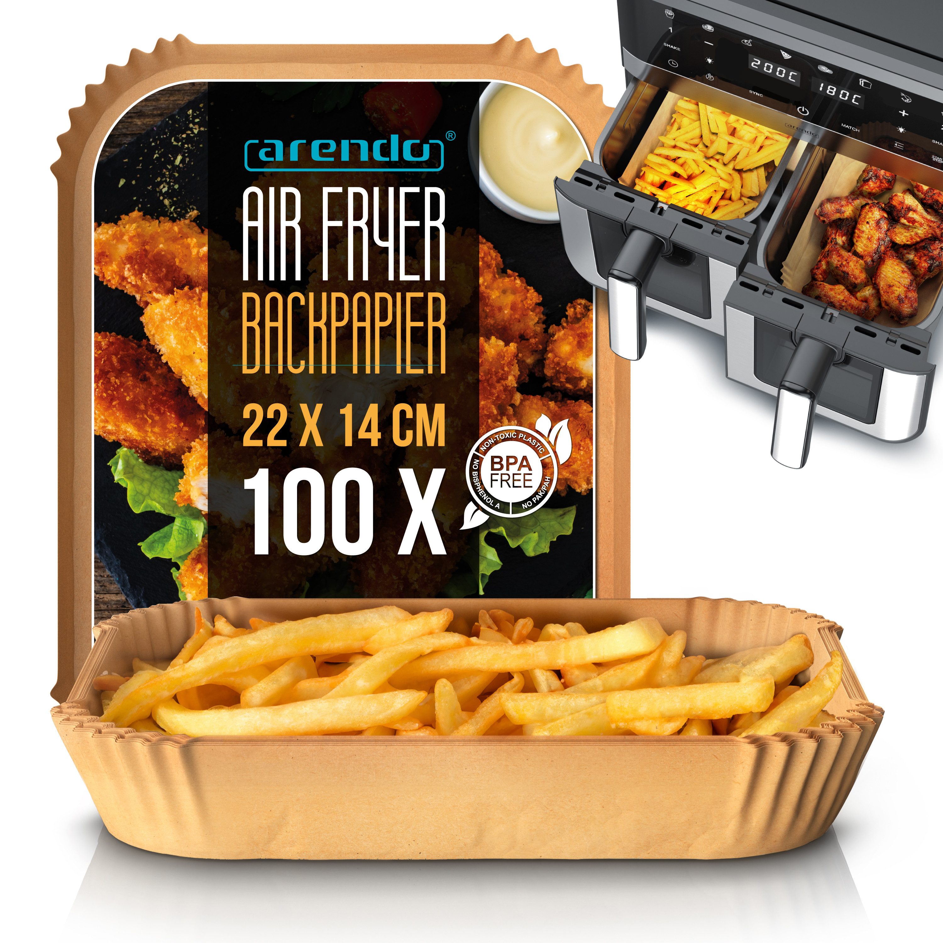 Arendo Backpapier für Heißluftfritteuse 4,5 - 10 L, 100 St., 22 x 14 x 4,5 cm, Antihaft, ungebleicht, wasser- und ölbeständig, für Airfryer, Ofen, Mikrowelle