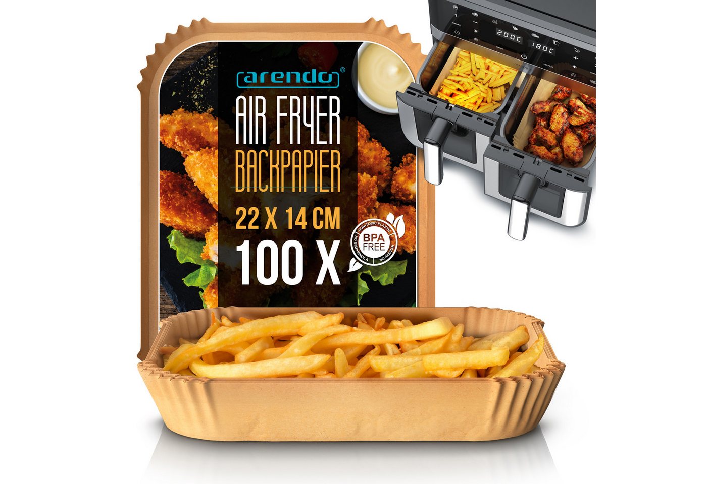 Arendo Backpapier für Heißluftfritteuse 4,5 - 10 L, 100 St., 22 x 14 x 4,5 cm, Antihaft, ungebleicht, wasser- und ölbeständig, für Airfryer, Ofen, Mikrowelle