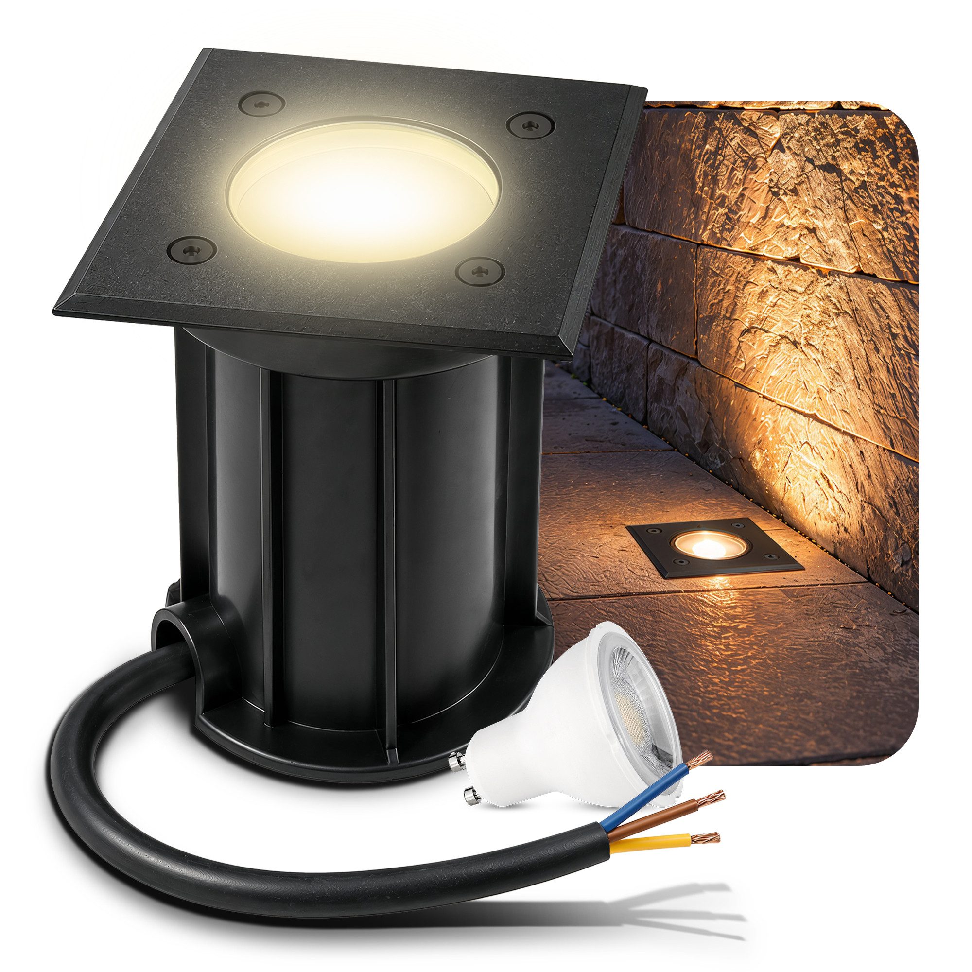 linovum LED Gartenstrahler BOQU Bodeneinbaustrahler IP67 mit LED GU10 Lampe 2W warmweiß Spot, Warmweiß
