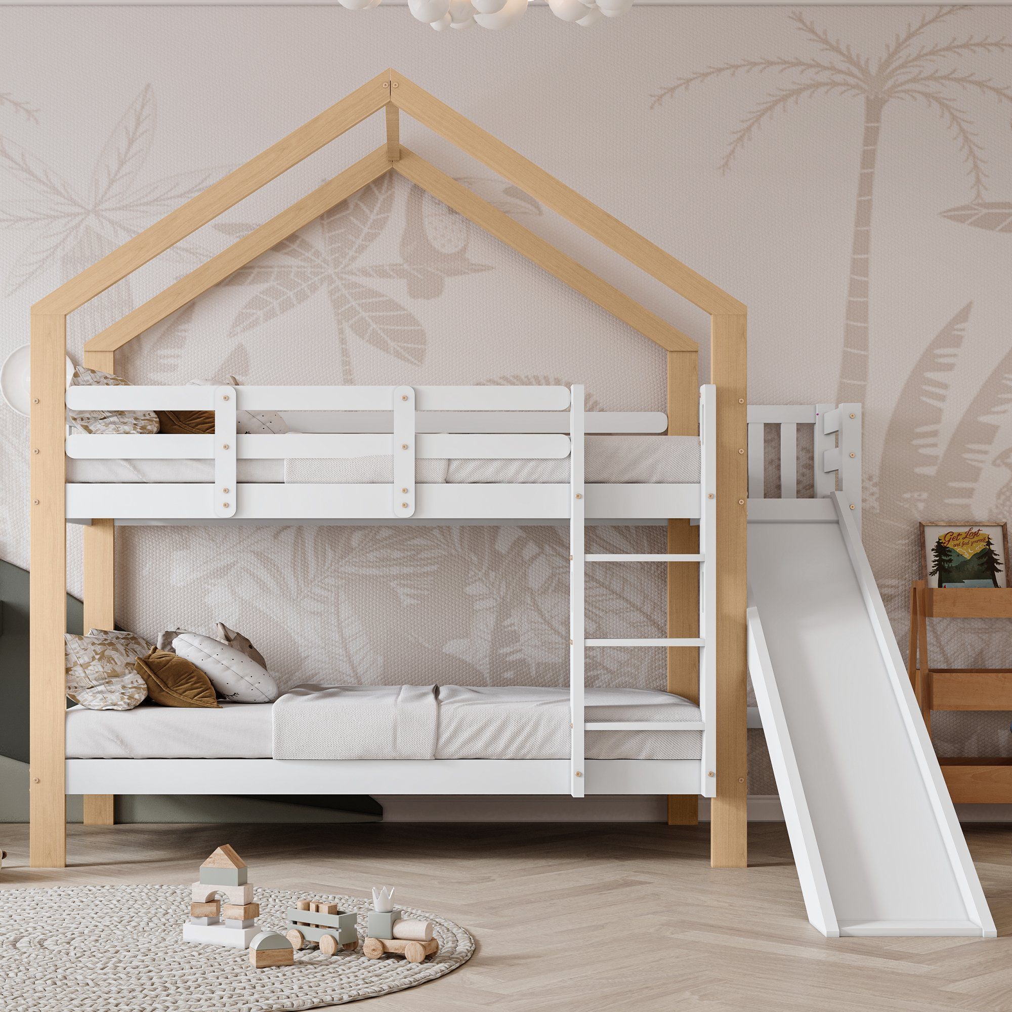 Etagenbett, Hochbett Kinderbett mit Lattenrost, Rutsche und Leiter, 90x200cm