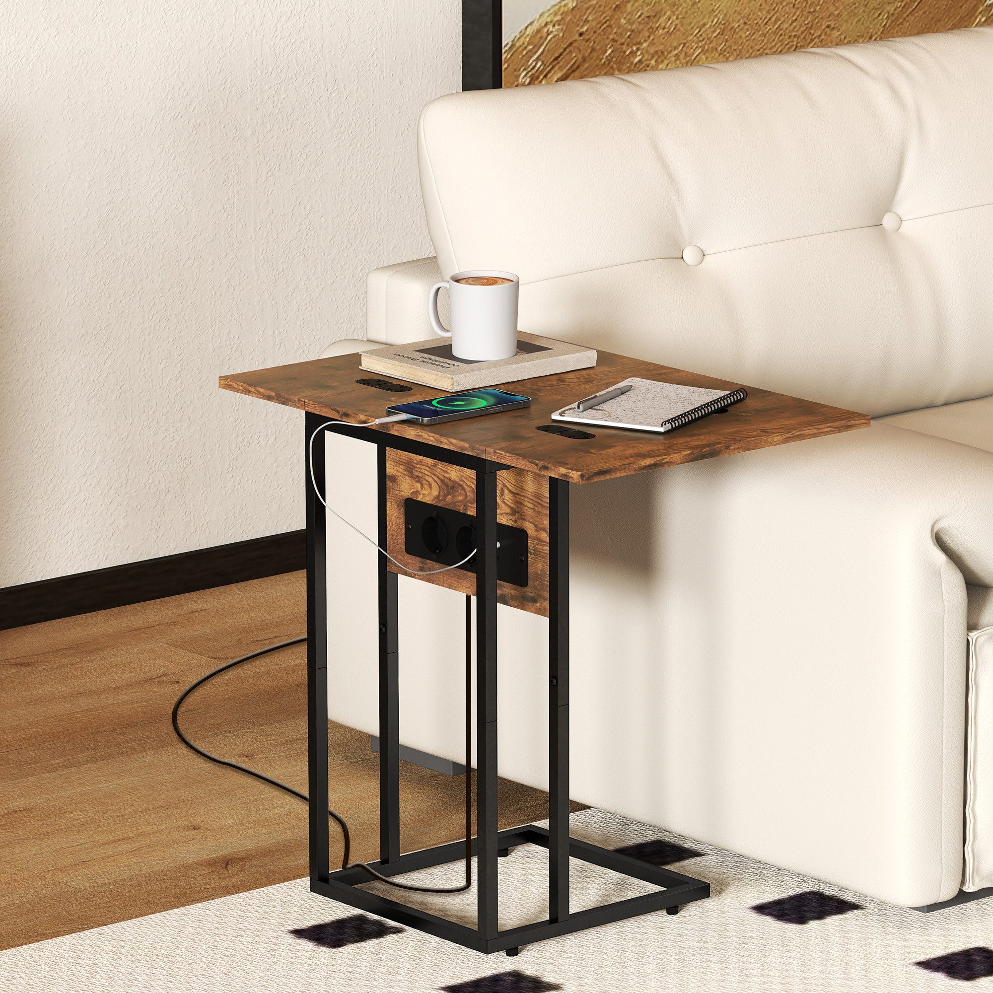HOMCOM Beistelltisch C-förmig Nachttisch mit Steckdosenleiste, mit Beinen aus Metall (Kaffeetisch, 1-St., Couchtisch), Klappbare Tischplatte, Rustikal-Braun