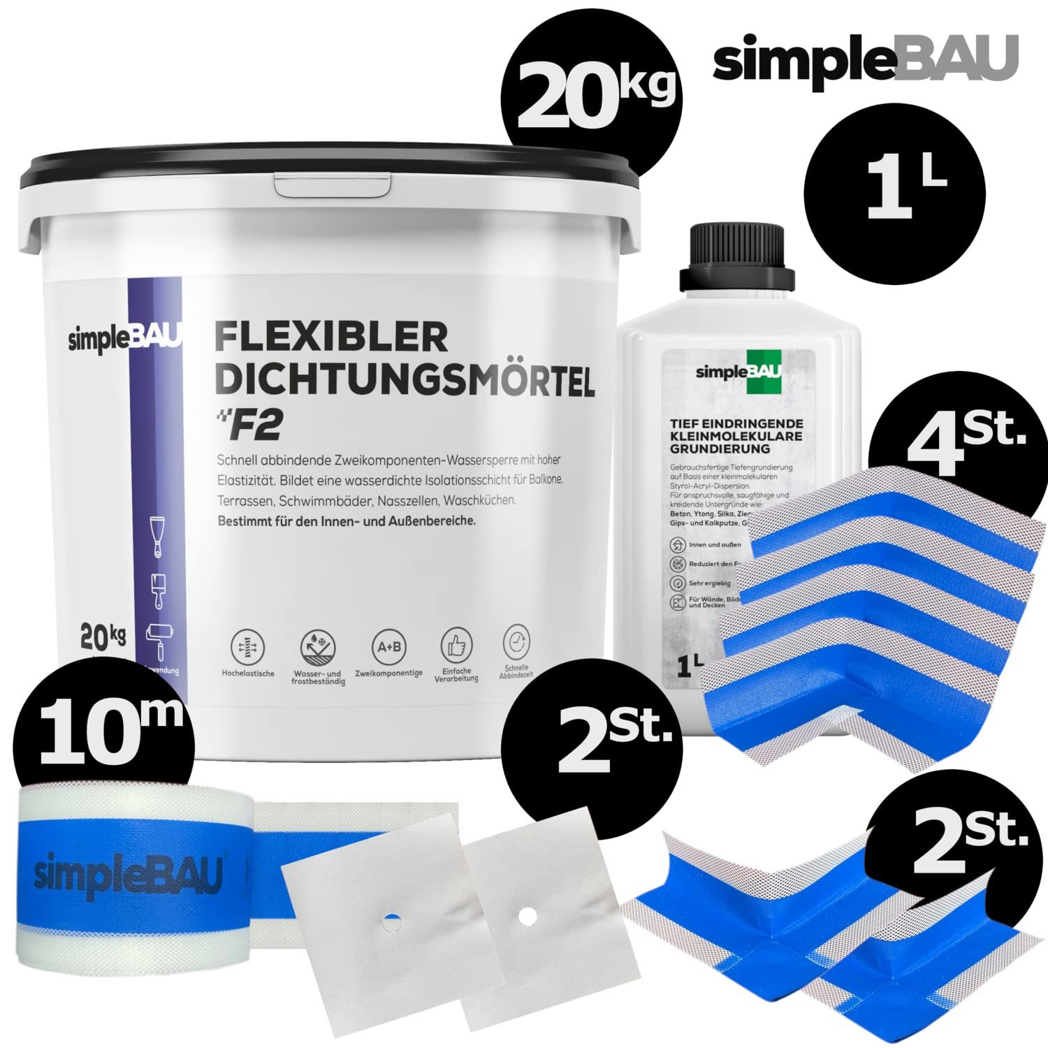simpleBAU Dichtstoff, Abdichtungsset: Dichtungsmasse 20kg + Tiefengrund 1L + 10m Dichtband, (6-tlg)