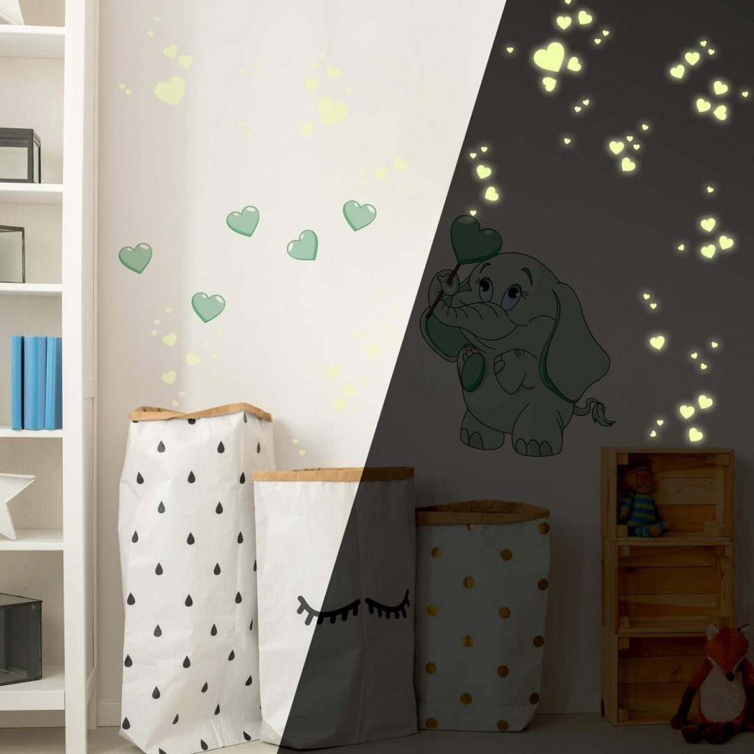 K&L Wall Art Wandtattoo Baby Elefant Leuchtende Bilder Grün 38x50cm selbstklebend, Kinderzimmer Leuchtsticker