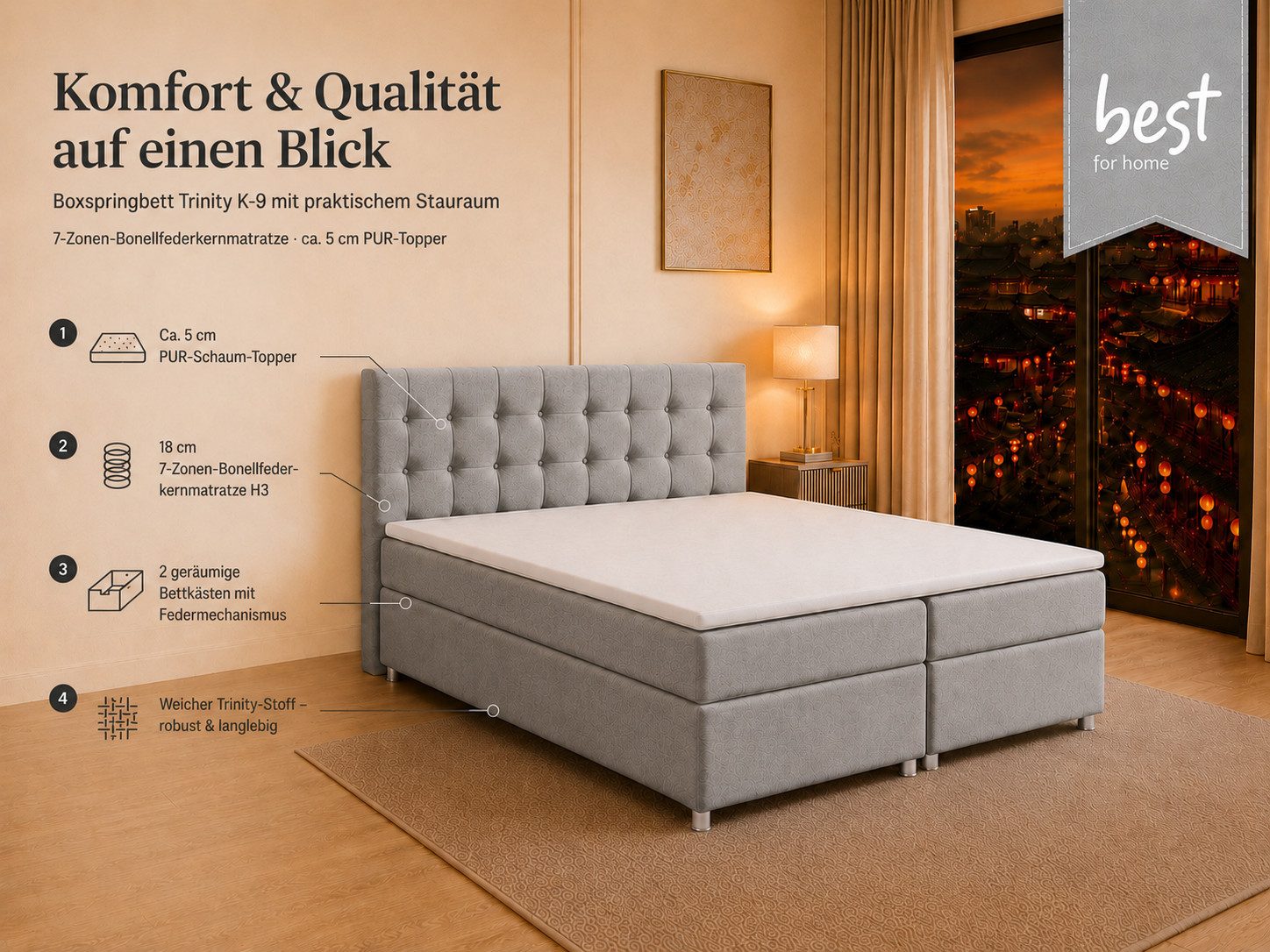 Best for Home Boxspringbett Trinity K-9 mit Stauraum & 7-Zonen Komfort – modern & komfortabel (Komplett-Set, 1-St., 140x200 160x200 180x200 200x200 cm), Handwerksqualität, TOP Preis-Leistungs-Verhältnis