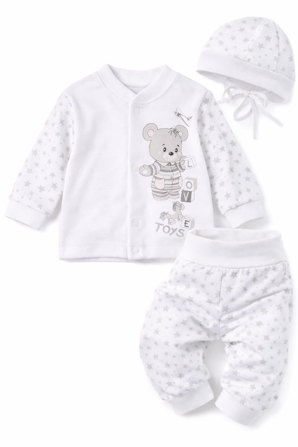 La Bortini Langarmshirt & Hose Baby Anzug Hemdchen Schlupfhose Mütze Set mit Bärchen Aufdruck aus Baumwolle, mit Sternen oder Punkten Muster und Bären Aufdruck