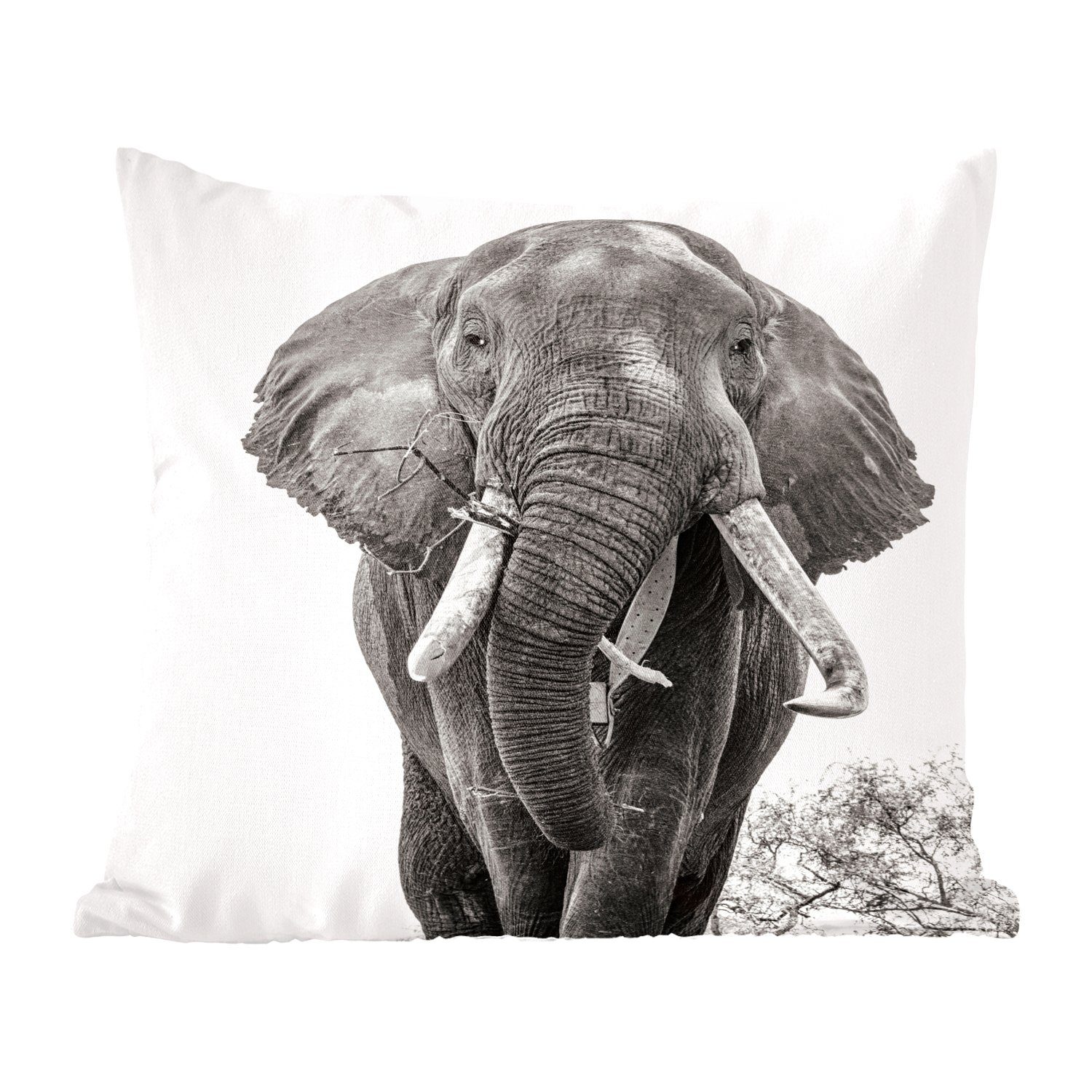 MuchoWow Dekokissen Elefant - Porträt - Tiere - Schwarz und weiß, Zierkissen mit Füllung für Wohzimmer, Schlafzimmer, Deko, Sofakissen | Dekokissen