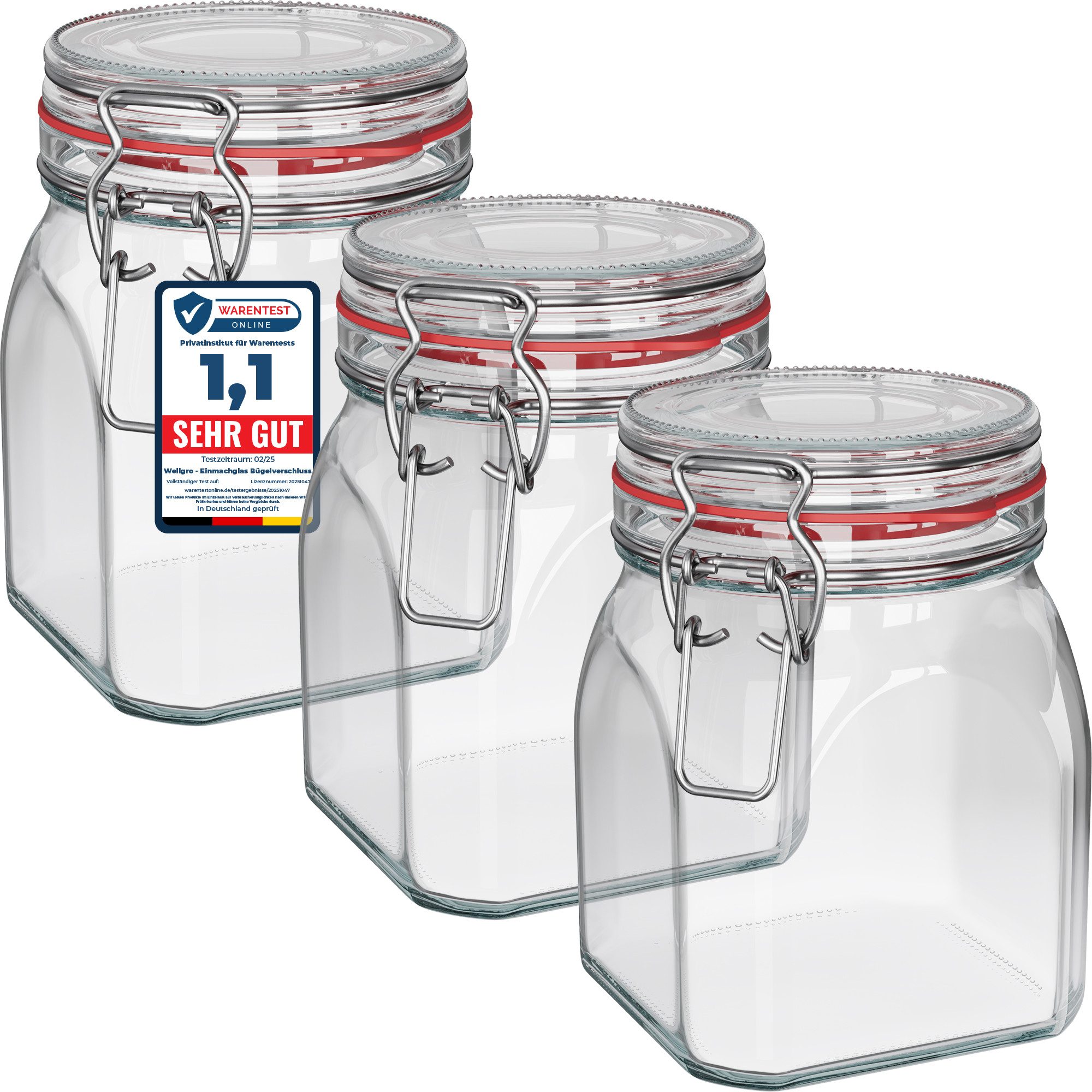 Wellgro Vorratsglas Einmachgläser mit Bügelverschluss eckig, Fermentierglas, (3-tlg)