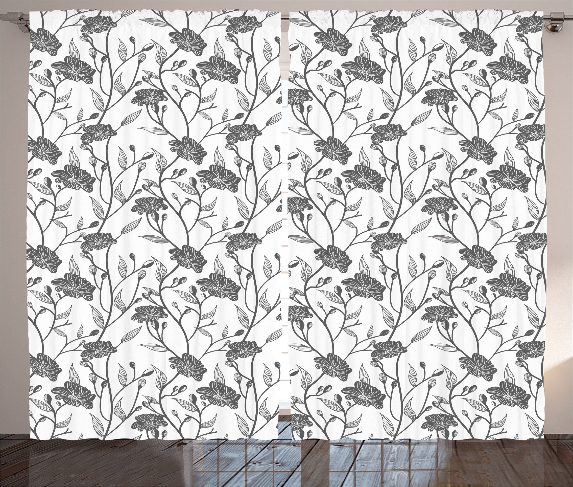 Gardine Schlafzimmer Kräuselband Vorhang mit Schlaufen und Haken, Abakuhaus, Grau Blühende Blumen-Knospen-Kunst