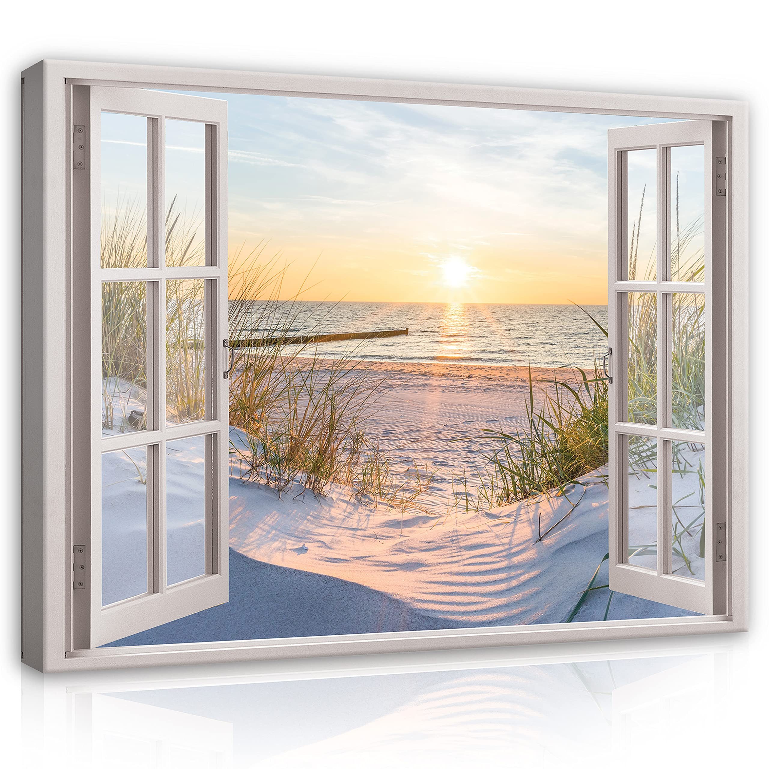 Wallarena Leinwandbild Fenster mit Meerblick und Sonnenuntergang in Beige für Wohnzimmer, Fenster (1 St), mit Holzrahmen wandfertig montiert UV-beständig und lichtecht 80x60cm