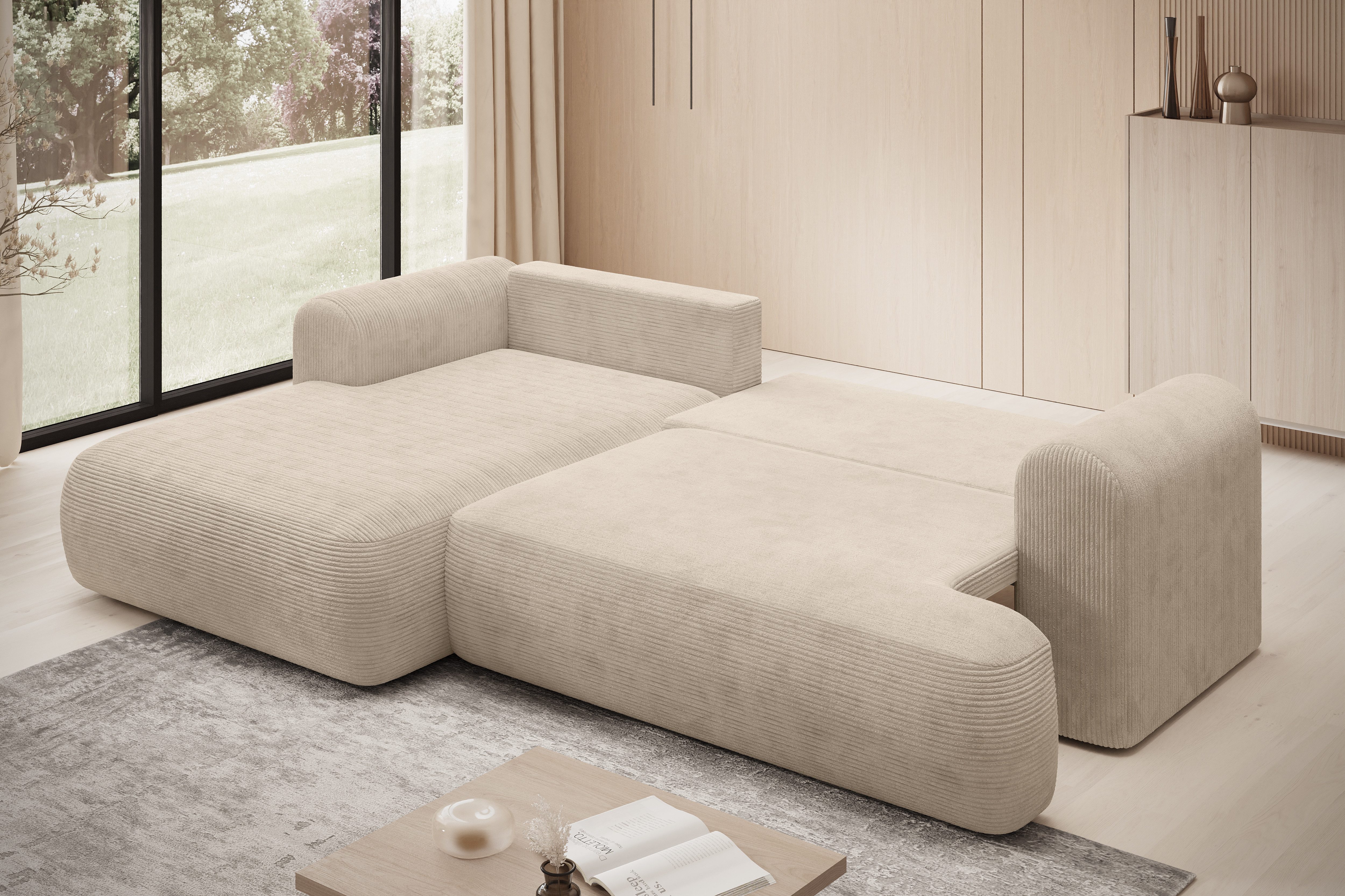 thematys Ecksofa mit Schlaffunktion und Bettkasten, L-Form, Cord und Bouclé + 2 Kissen, 260 x 165cm - Luxus Couch mit Bettfunktion mit Bonnellfedern