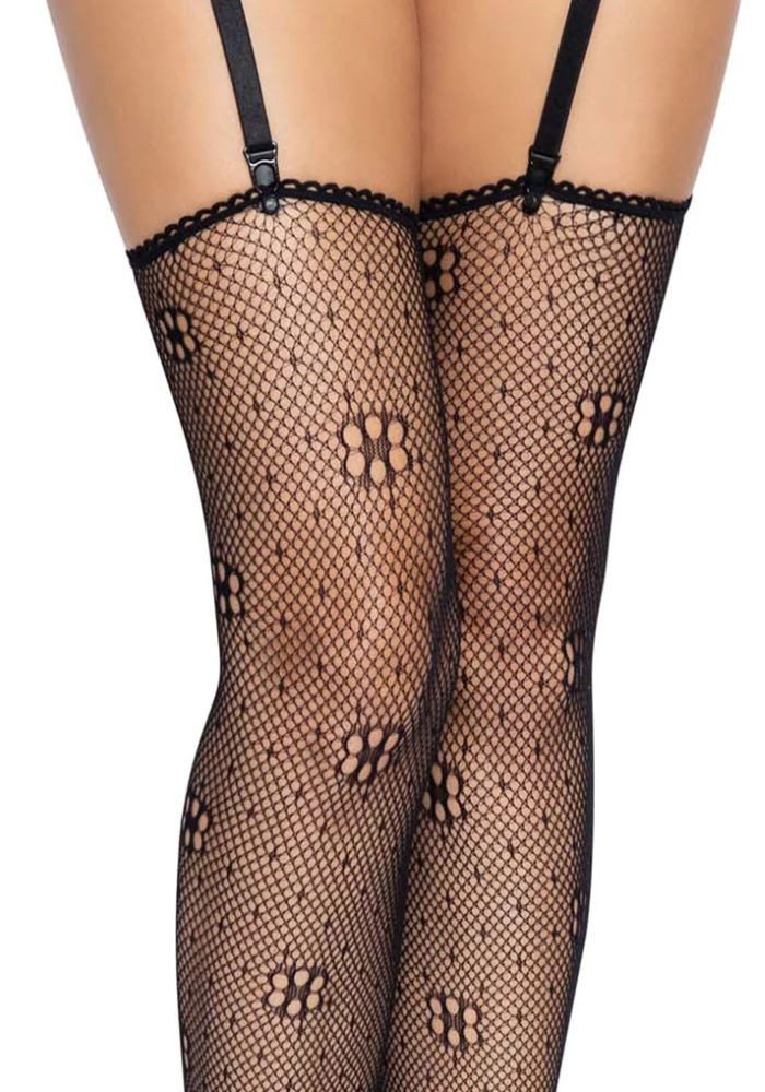 Leg Avenue Halterlose Strümpfe Halterlose Netzstrümpfe mit Gänseblümchen-Muster schwarz