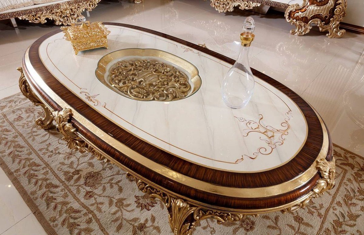 Casa Padrino Luxus Gold Edel & Couchtisch Couchtisch - / Prunkvoller Braun - Möbel Glasplatte mit Weiß Wohnzimmertisch Prunkvoll Barock / Barock 