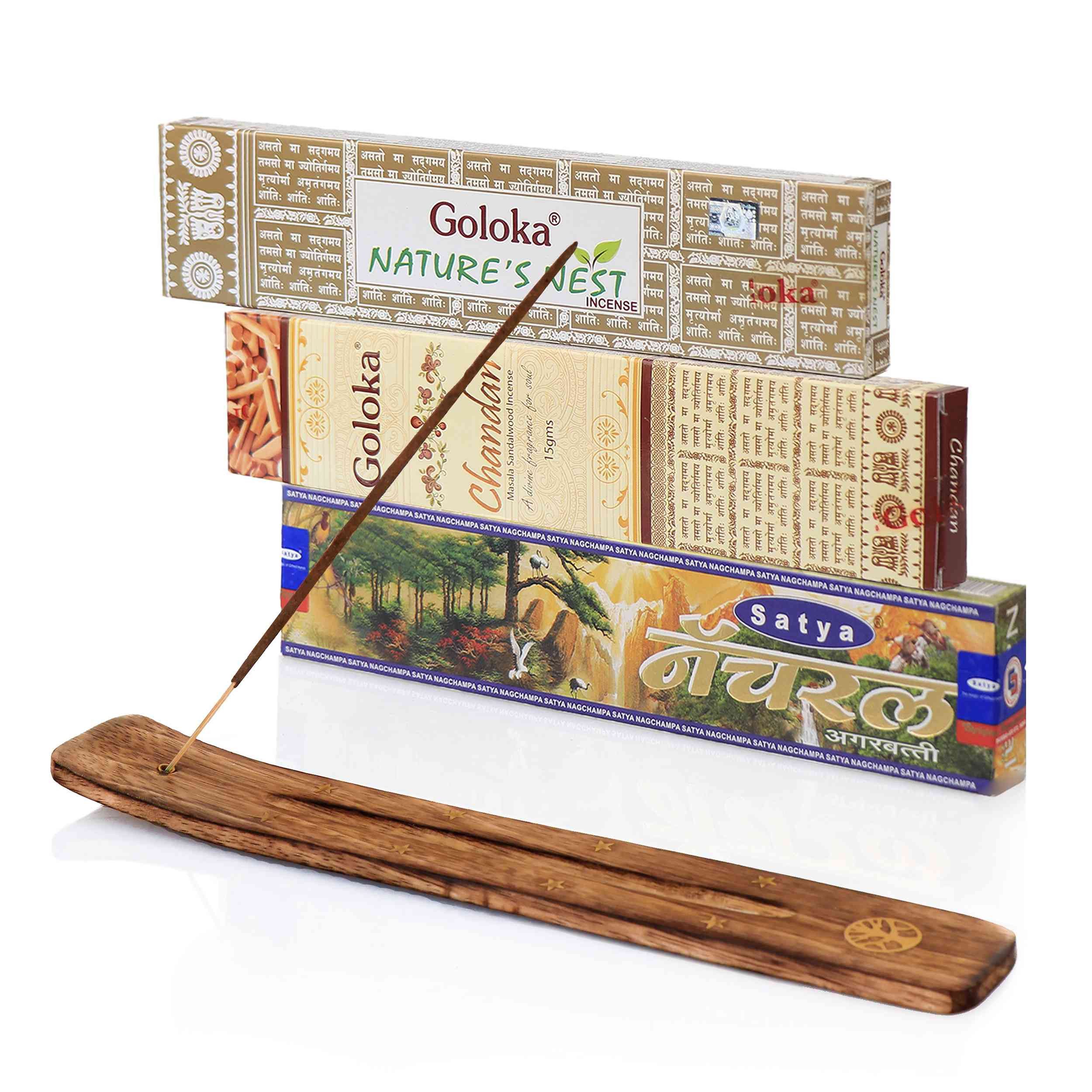 Räucherstäbchen Räucherstäbchen 3er Set mit Halter – Goloka & Satya Natur Räucherwerk