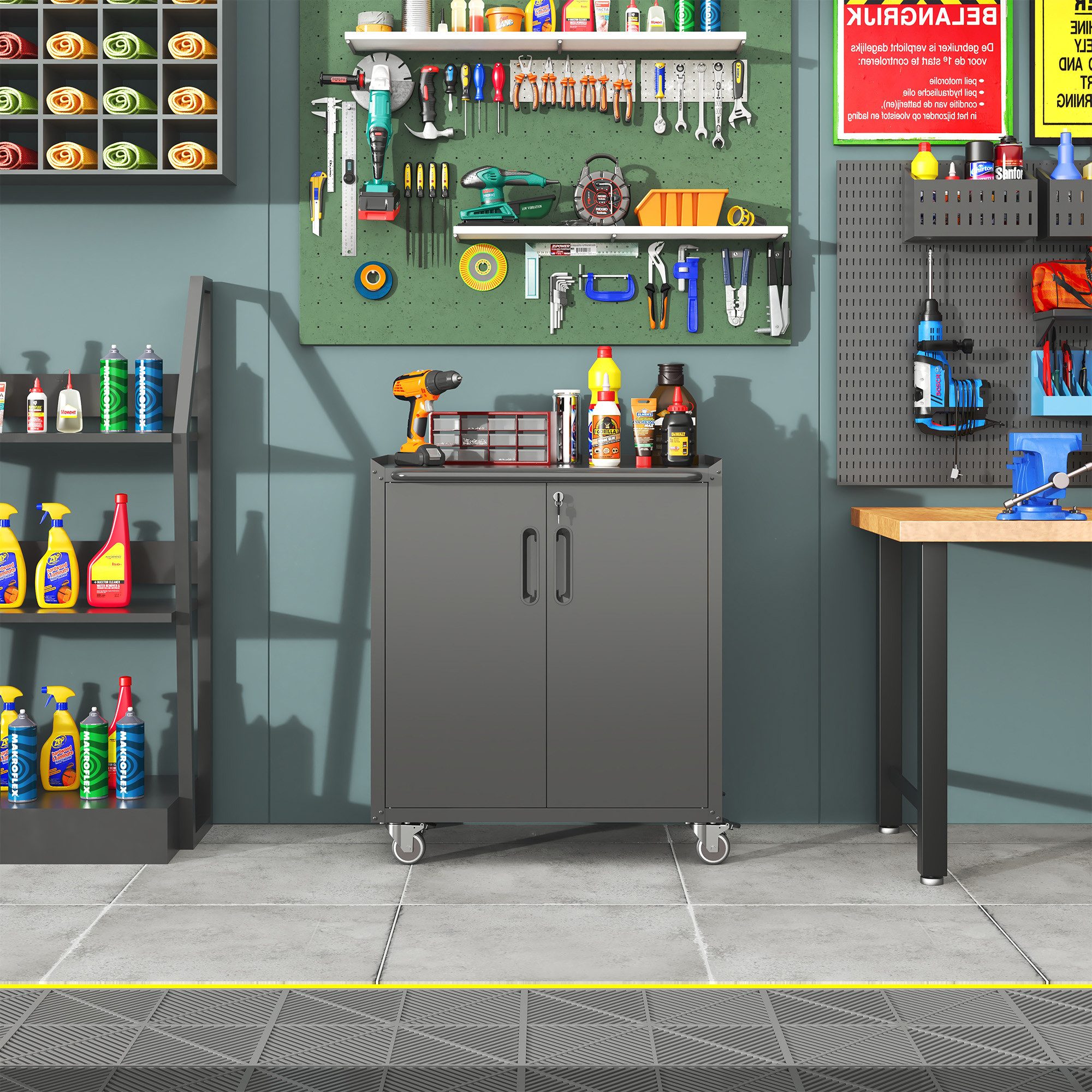 Odikalo Werkzeugschrank Heavy-Duty Metall-Gartenschrank mit Rollen Werkzeug-Stauraum 75×42×88