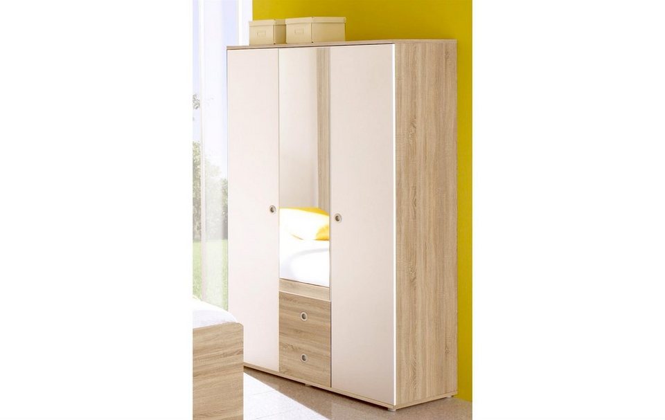 Breite Höhe und Sonoma-Eiche Moderner Konstruktions- 2 53 cm Schubkästen, Einlegeböden. mit Kleiderschrank Spanplatte Holztüren, 191 in Tiefe Nachbildung, 2 Floris cm, cm, aus möbelando 115 in Spiegeltür, Absetzungen 3 1 Drehtürenschrank Weiß 2