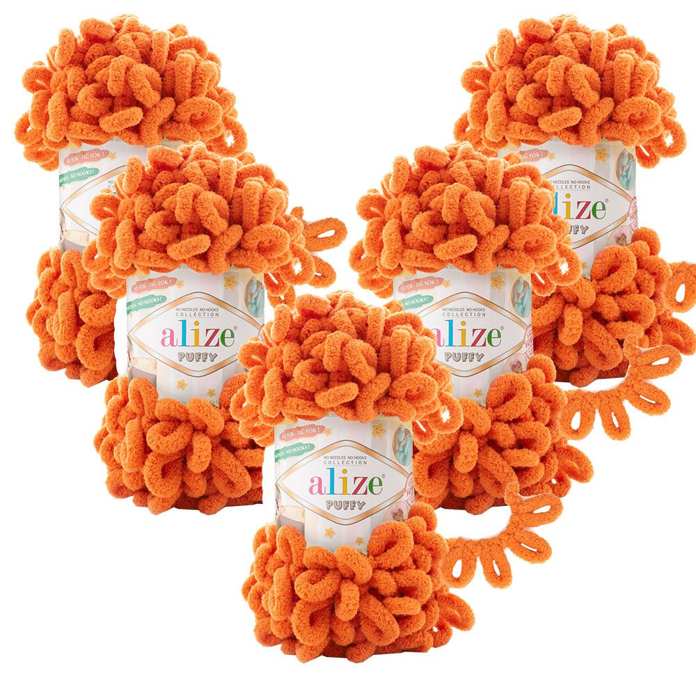 Alize 5 x ALIZE Puffy 6 orange Häkelwolle, 9 m (Wolle), Babywolle Chenillegarn Handstrickgarn Fingerhäkeln Amigurumi
