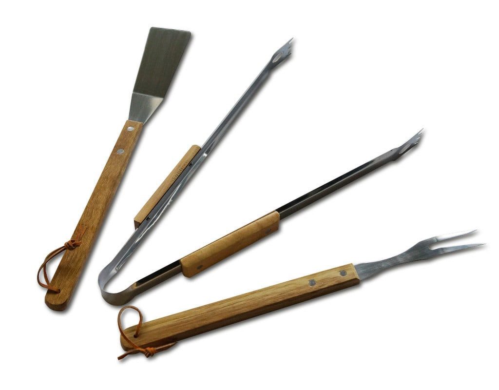 LANDMANN Grillbesteck-Set Grillbesteck 3-tlg, Edelstahl mit Holzgriffen, (Set, 3 tlg., Bestehend aus Gabel, Wender und Grillzange), Edelstahl mit Holzgriffen