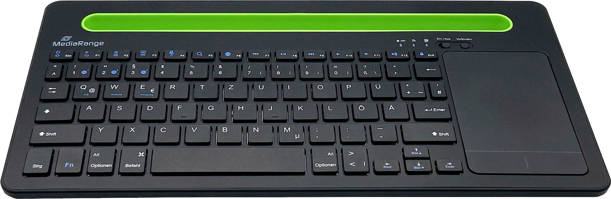 Mediarange Multi-pairing Funk Tastatur QWERTZ 78 Tasten + Touchpad schwarz/grün Tastatur