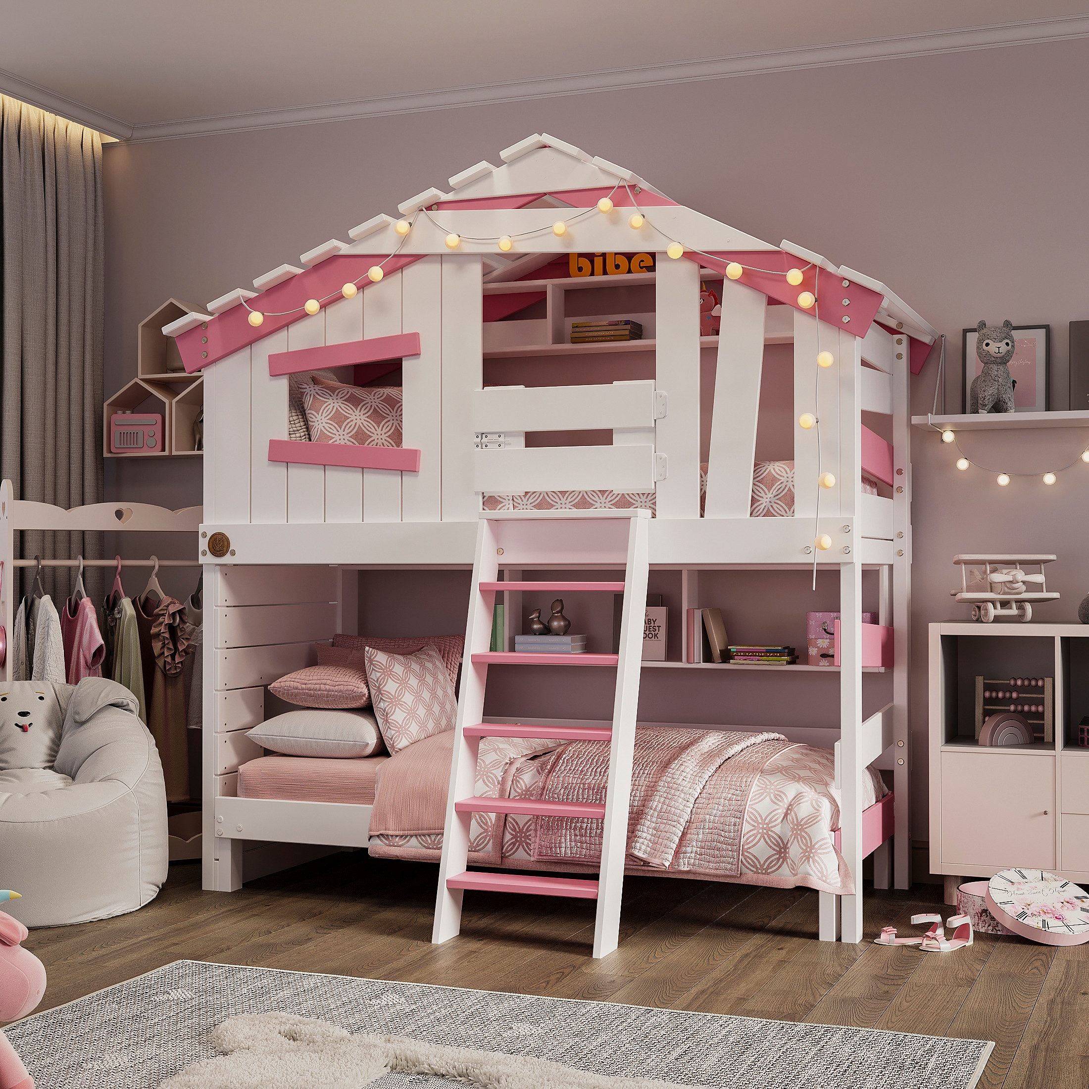 bibex Hochbett ALPIN CHALET Hochbett, Kinderbett, Doppelbett, Etagenbett - Rosa/Weiss