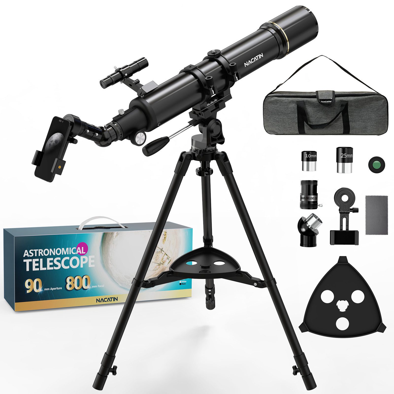 NACATIN Teleskop 90mm/800mm Refraktor-Teleskop 32X-240X für, Erwachsene & Anfänger – Eisenstativ, Smartphone-Adapter & Tragetasche