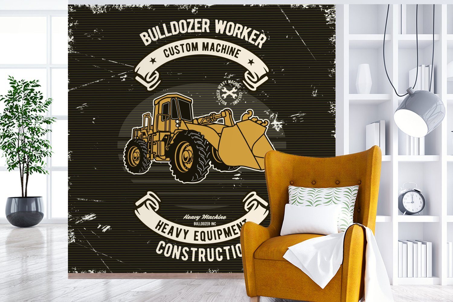 MuchoWow Fototapete Bulldozer - für Matt, St), Wohnzimmer bedruckt, - Schlafzimmer, Banner, (5 Vinyl oder Tapete Wandtapete Jahrgang