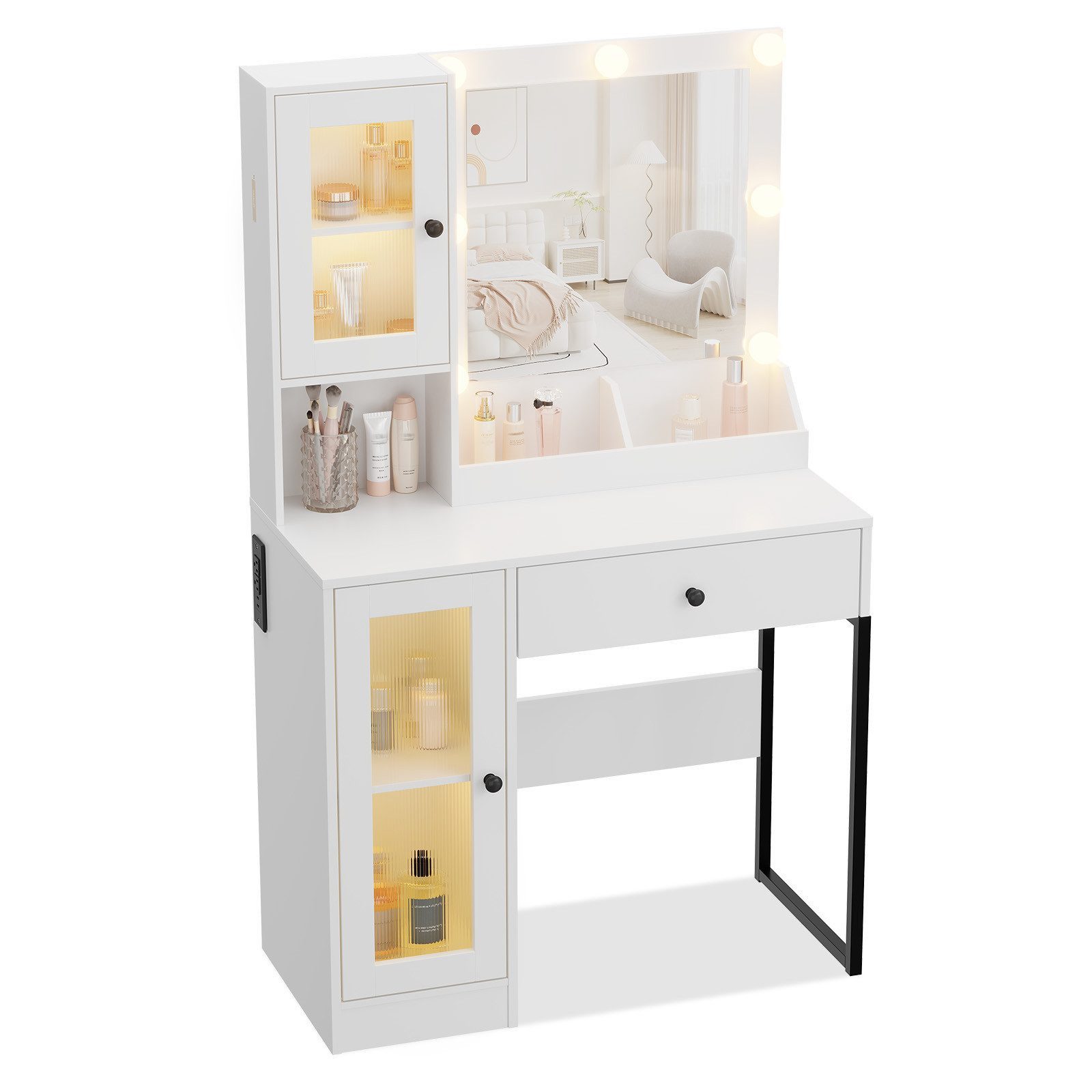 GarveeMore Schminktisch mit kratzfestem Spiegel, 3-farbiges LED Licht & stufenlose Dimmung (Weiß/Braun), 1 Schublade & 2 Schränke mit Glastüren & 3 offene Fächer