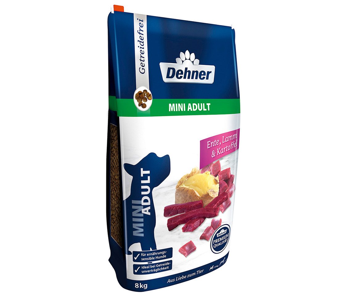 Dehner Premium Mini Adult Ente / Lamm / Kartoffel, 4 kg / 8 kg, getreidefrei Ente, Trockenfutter für: Hunde, Trockenfutter für ausgewachsene Hunde kleiner Rassen
