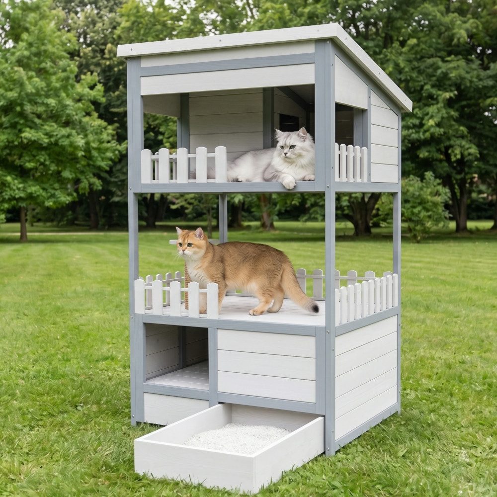 BBWL Kleintierkäfig mit 2 Etagen, Streuschublade, Sisalpfosten und Plattform, Outdoor Katzenhaus aus Tannenholz, wetterfestes Katzenheim