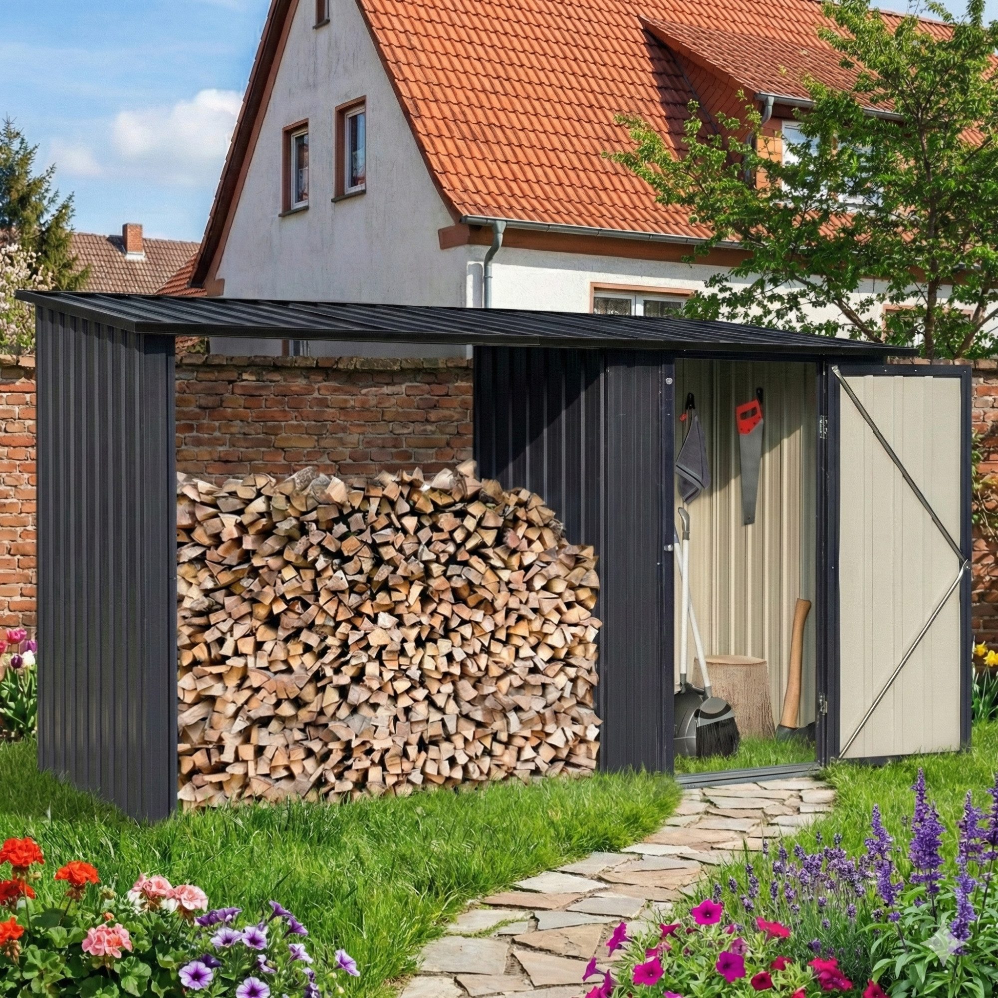 Albatros International Gerätehaus Profi Gerätehaus wetterfest Geräteschuppen Gartenschrank Gartenhaus, BxT: 266x127 cm, (M, 266x127x161cm), verzinktes Metall Anthrazit (RAL 7016) Inkl. Schloss & Werkzeughaken