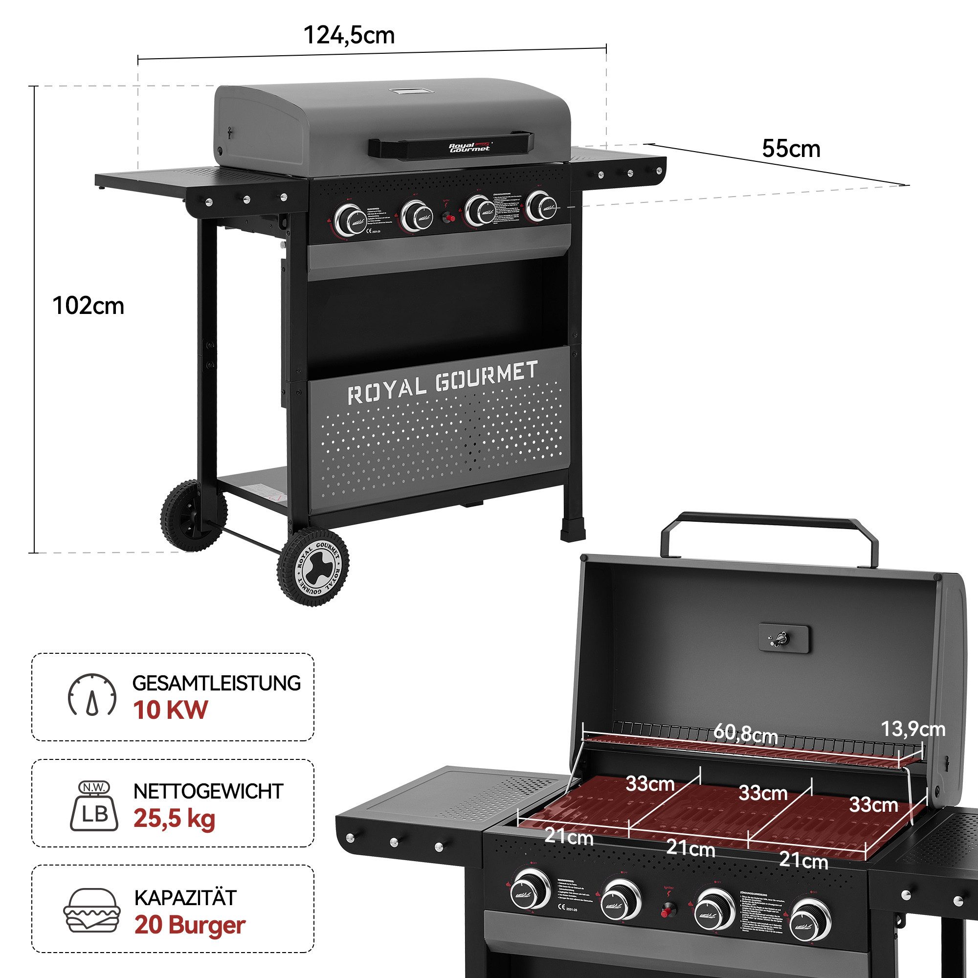 Royal Gourmet Gasgrill Grillwagen mit Gasbrennern, 2-Brenner (5 kW) oder 4-Brenner (10 kW), 4-Brenner, Grillwagen mit insgesamt 10 kW Leistung