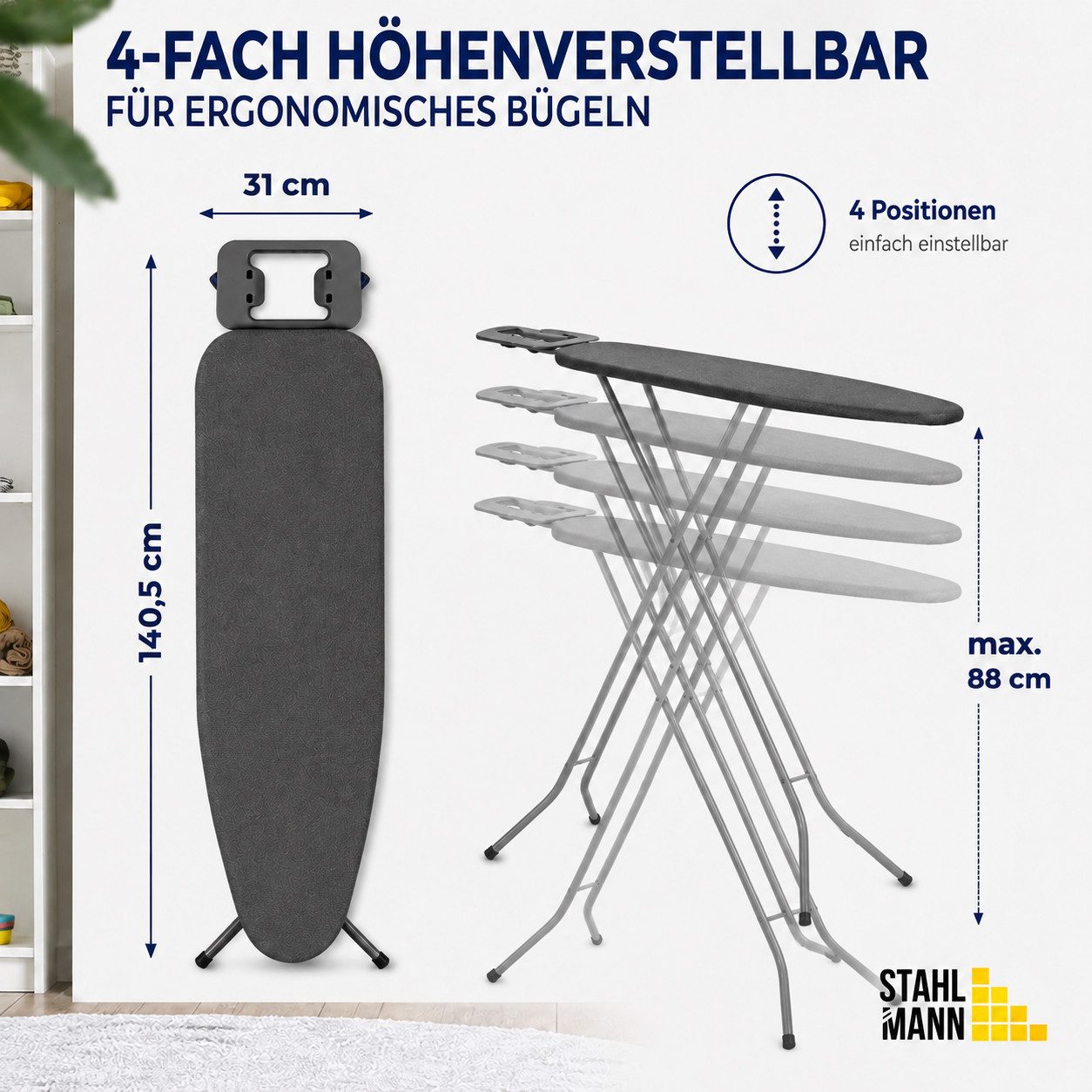 STAHLMANN Bügelbrett [110 × 32 cm] Schwarz 4-fach höhenverstellbar Made in EU, Bügelfläche 110x32 cm, 110 × 32 cm · Schwarz · 4-fach höhenverstellbar · – Bild 4 von 5