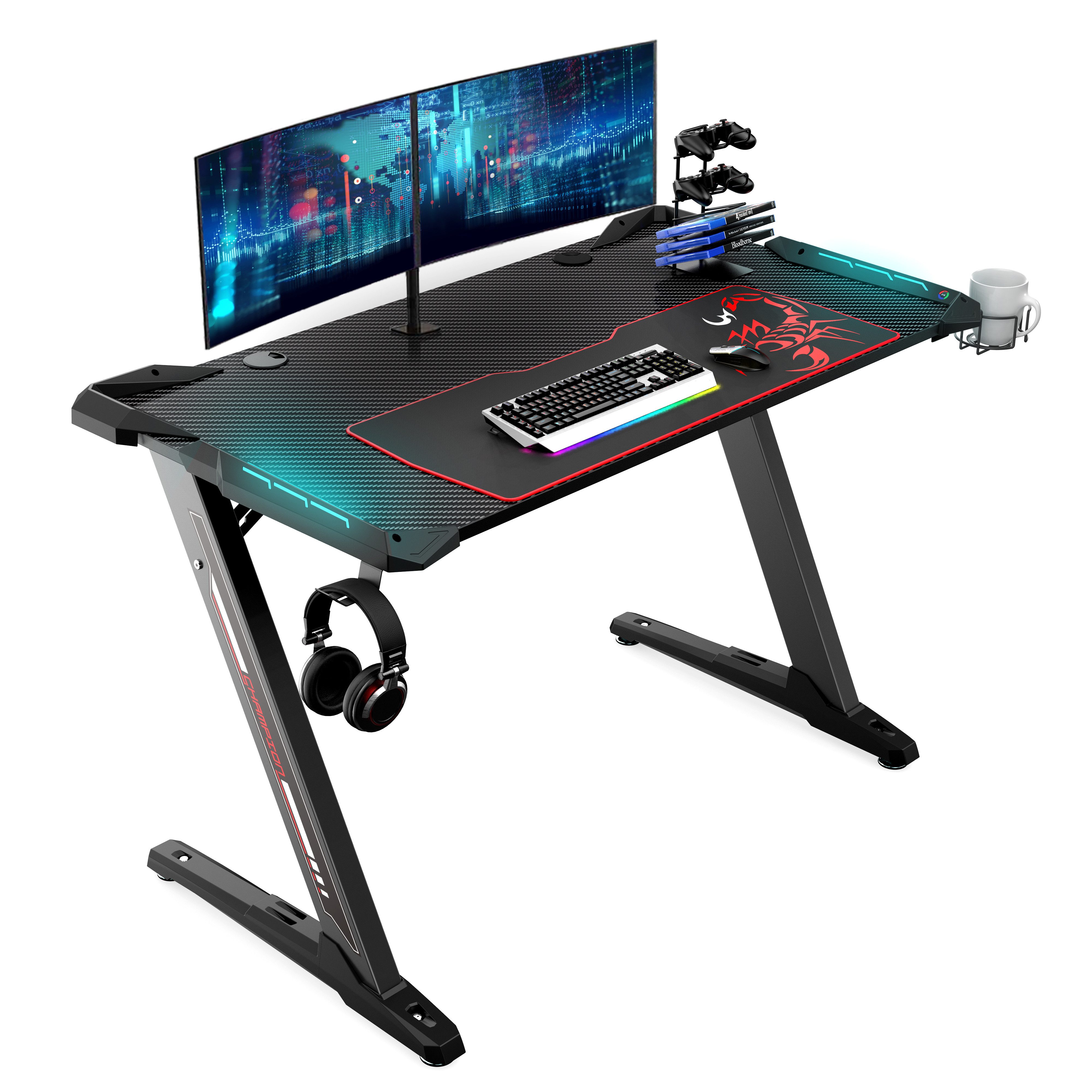EE EUREKA ERGONOMIC Gamingtisch 113 x 61,5 cm, Computertisch mit Carbonfaser-Optik, 227 kg belastbar, Z-förmiger Schreibtisch, Stahlgestell, RGB-LED-Beleuchtung mit USB