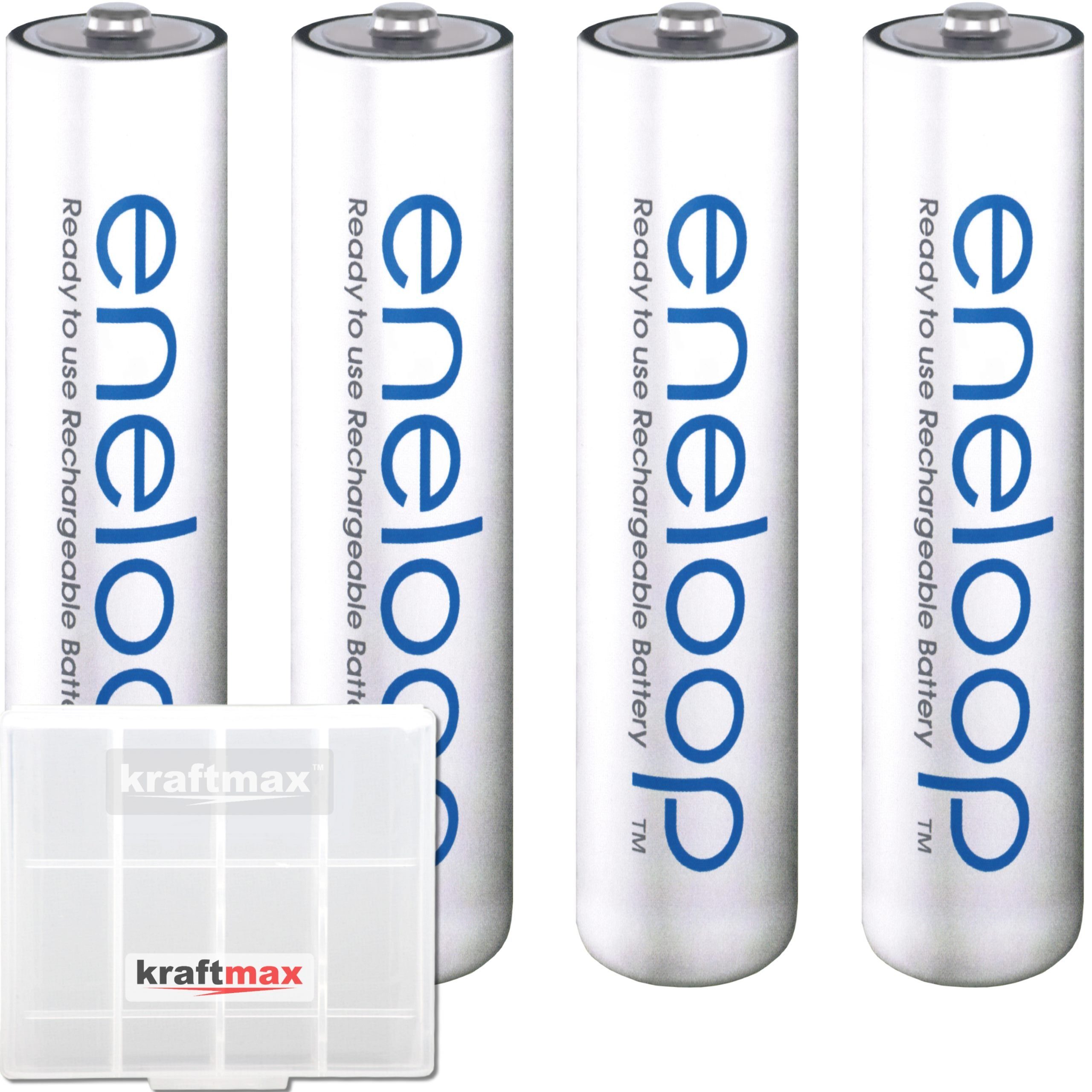kraftmax 4er Pack Panasonic Eneloop AAA Akku Batterien in Kraftmax Akkubox Akku Panasonic Eneloop AAA HR03 800 mAh (1,2 V V, 1 St), Kraftmax Akkubox für sicheren Transport und Aufbewahrung