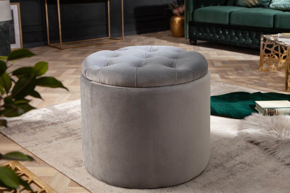 riess-ambiente Hocker MODERN BAROCK 50cm silbergrau, Wohnzimmer · Samt · mit Stauraum · Aufbewahrungkorb