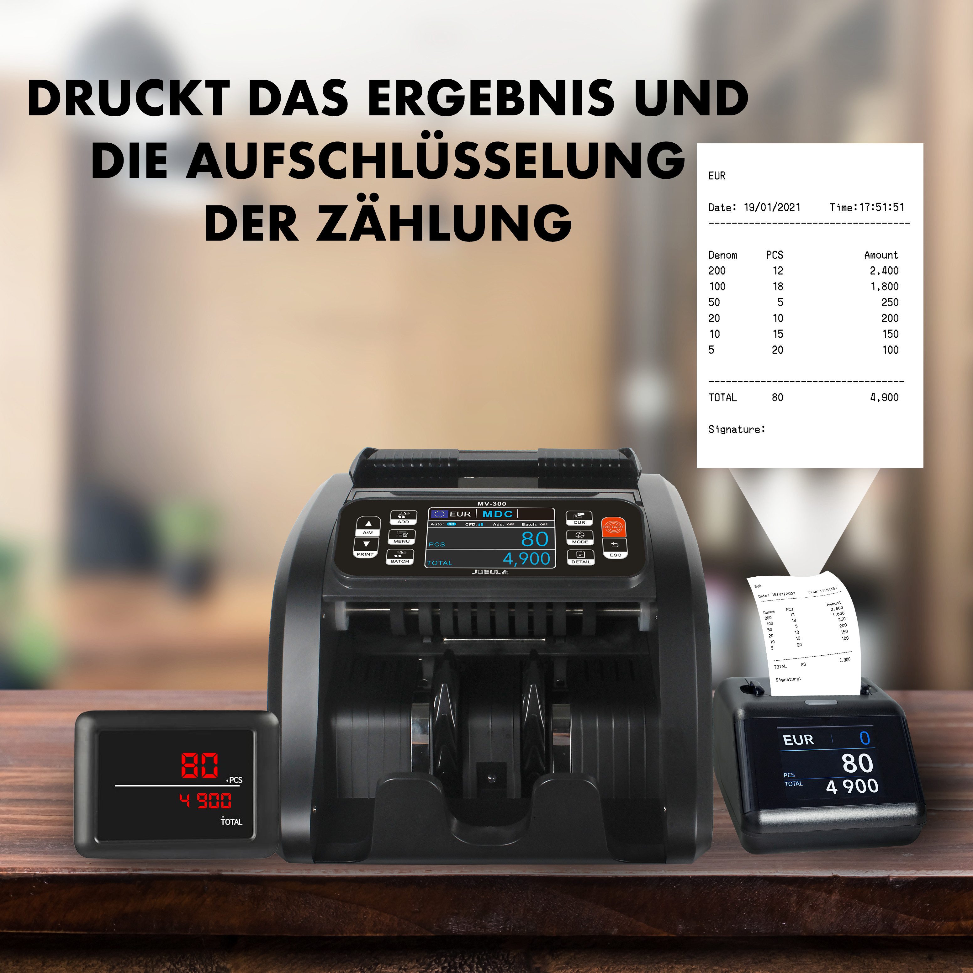 Jubula Banknotenzähler MV-300 + Thermodrucker MPR-1, EUR USD GBP, Geldzählmaschine für gemischte Geldscheine, Exakt