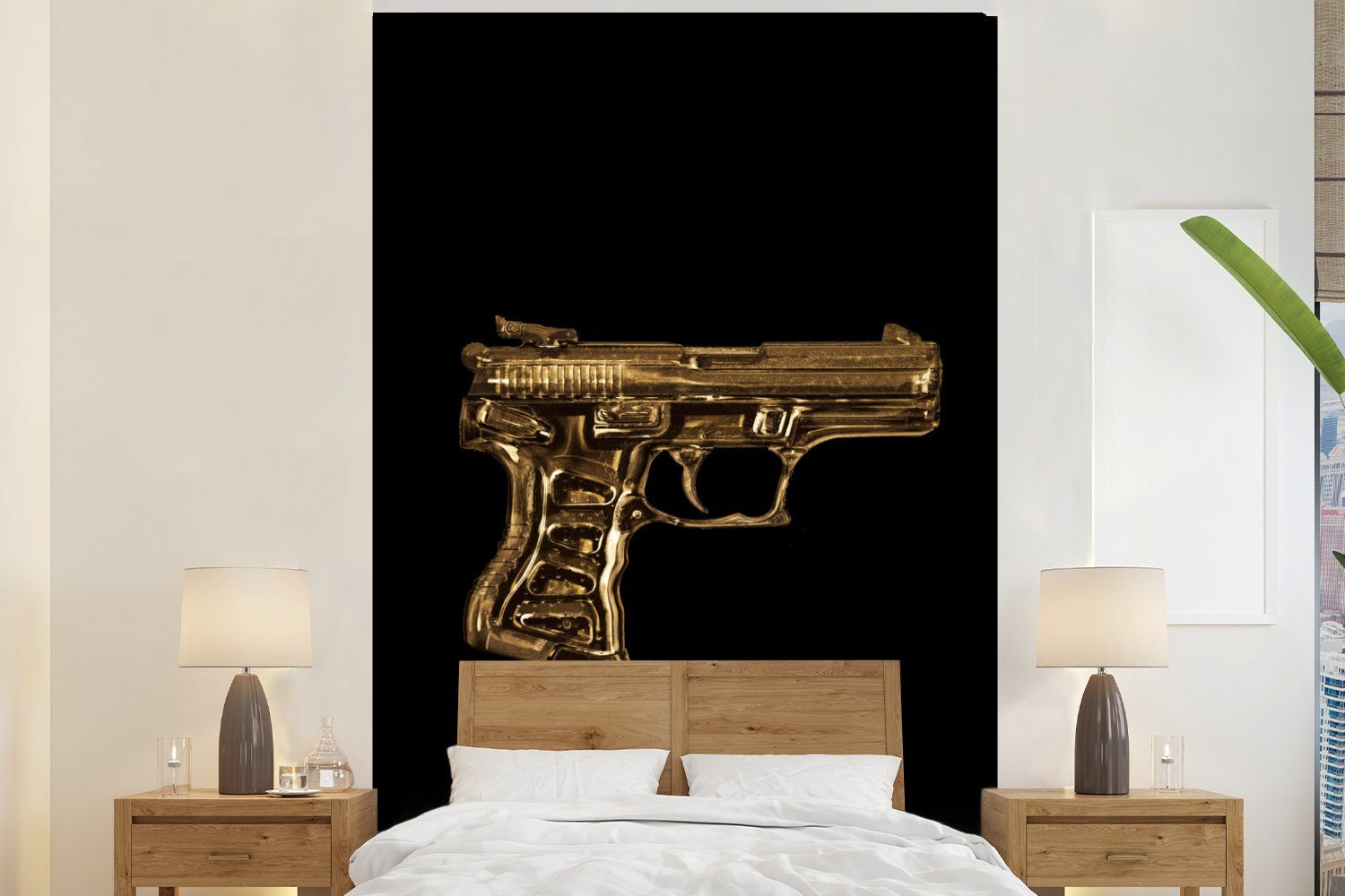Wohnzimmer, bedruckt, Matt, Fototapete - für Wandtapete Tapete Montagefertig St), Schwarz Pistole Vinyl (3 MuchoWow Gold, -