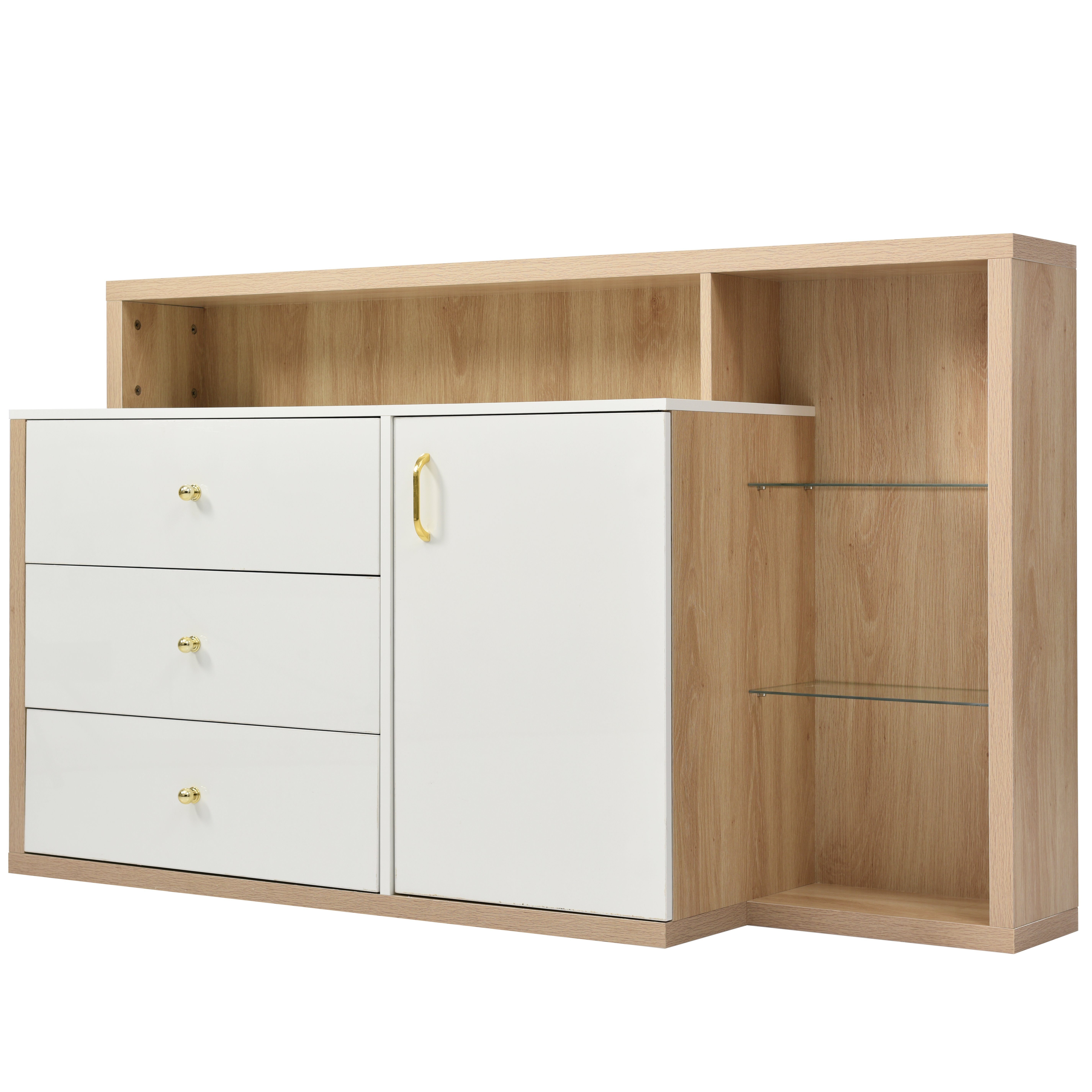 Merax Sideboard mit 3 Schubladen und Glasablagen, Anrichte mit Metallgriffe, Kommode mit großen Stauraum, Breite: 140cm