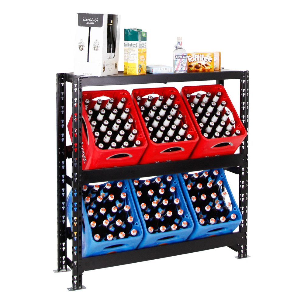 PROREGAL® Flaschenregal Getränkekistenregal TEGERNSEE XL 110x110x30cm 6 Kästen + Board Schwarz, Hochwertiges Getränkekistenregal für Küche Garage Abstellraum