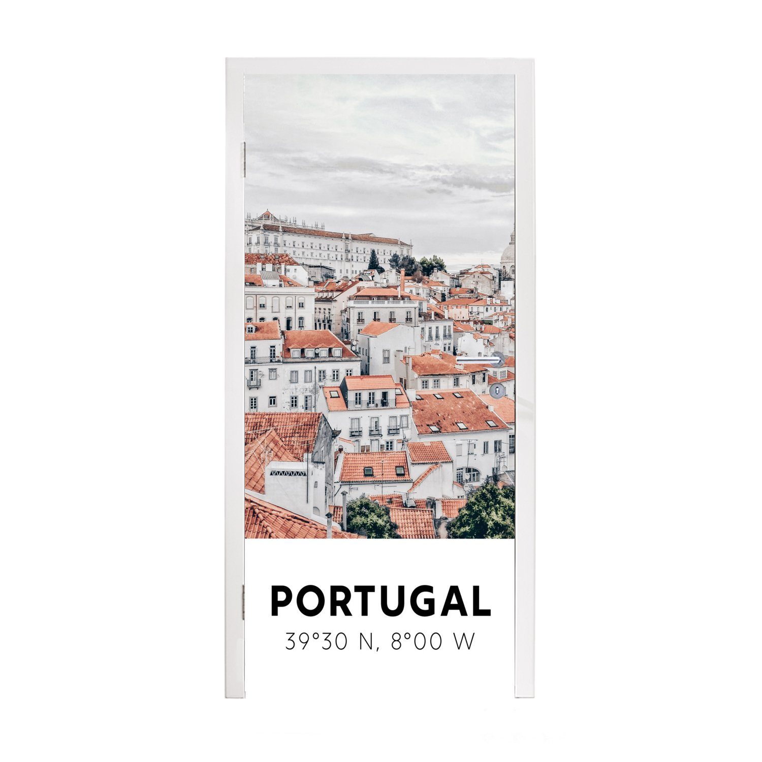 MuchoWow Türtapete Portugal - Europa - Rot - Silhouette, Matt, bedruckt, (1 St), Fototapete für Tür, Türaufkleber, 75x205 cm