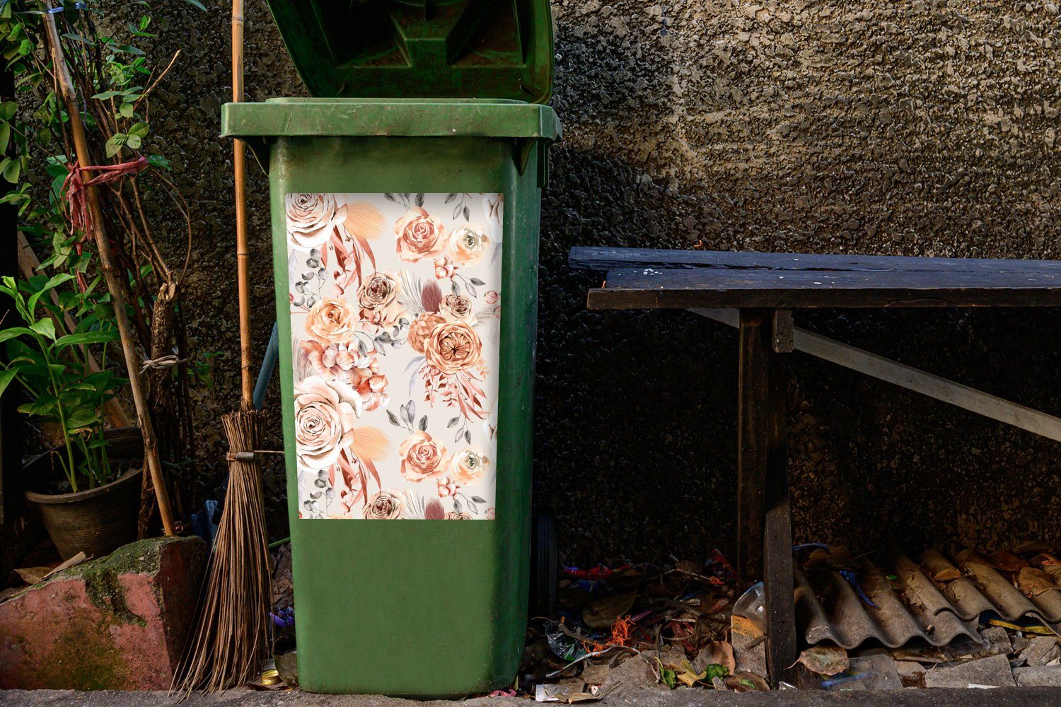 MuchoWow Wandsticker Blumen - Mülleimer-aufkleber, Mülltonne, St), Braun Sticker, (1 - Abfalbehälter Container, Grau