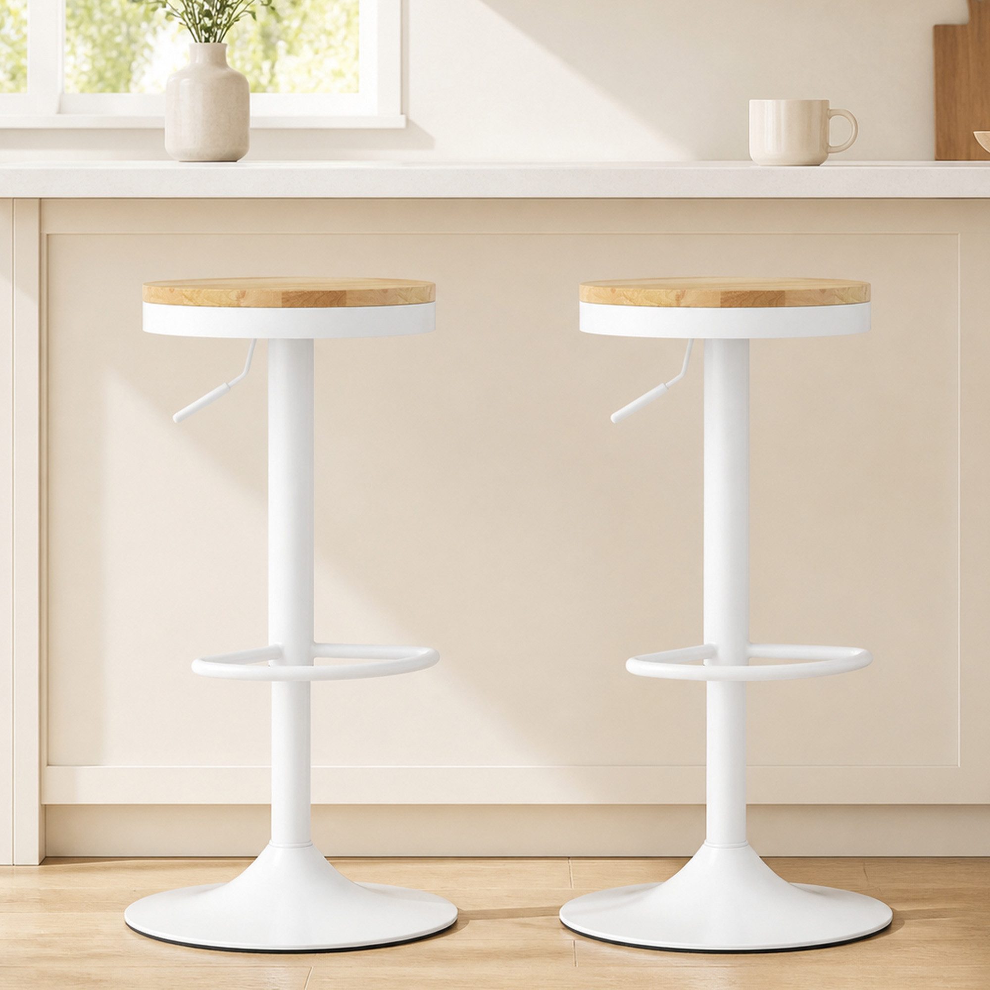 HOMCOM Barhocker Tresenhocker mit Stahlgestell und Fußstütze (360° Drehbar Küchenstühle, 2 St., Höhenverstellbar Barstuhl), für Küche, Wohnzimmer, Esszimmer Naturholz+Weiß