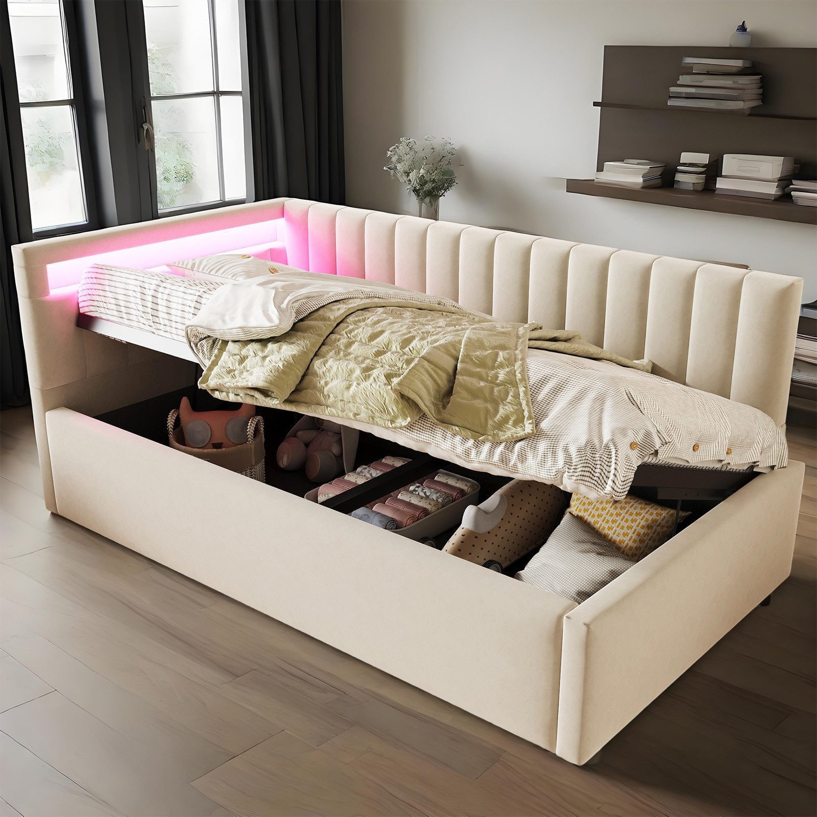 MODFU Schlafsofa Kinderbett, 90x200 cm mit LED-Beleuchtung, hydraulischem S günstig online kaufen