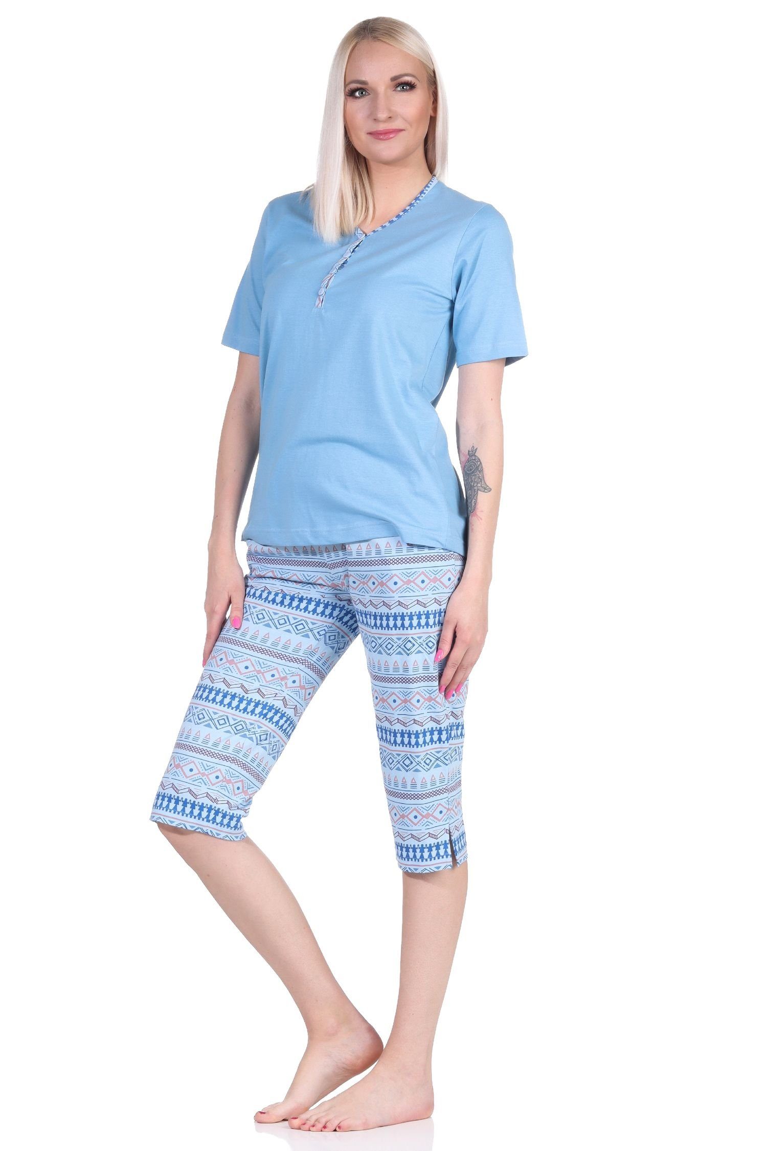 im Normann Damen Caprihose hellblau Pyjama Schlafanzug Ethnolook mit kurzarm