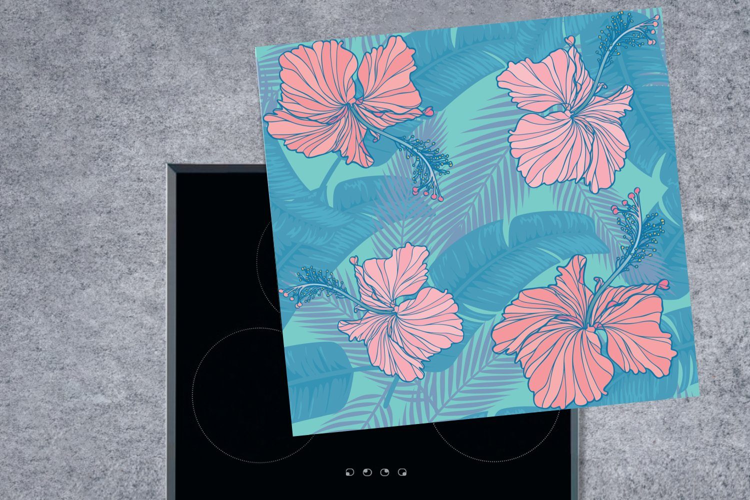 eines Illustration cm, Vinyl, 78x78 Blumenmusters, tlg), Arbeitsplatte MuchoWow Ceranfeldabdeckung, (1 Herdblende-/Abdeckplatte für tropischen küche